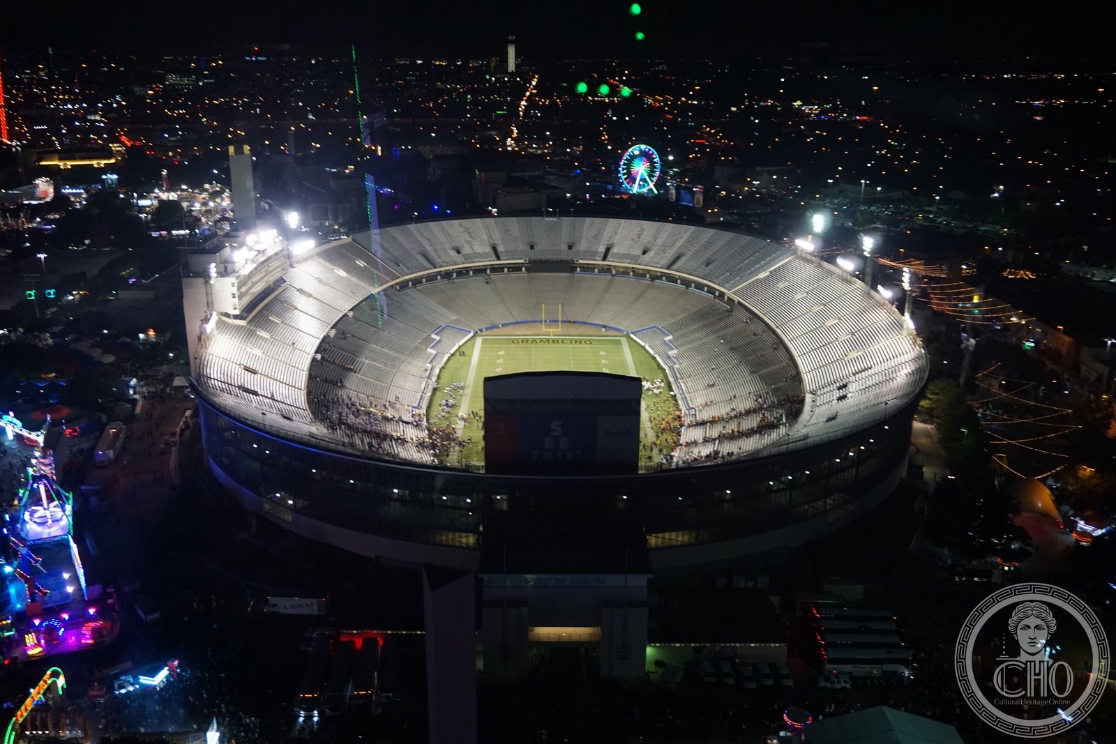 Cotton Bowl Stadium at Fair Park, Dallas, Texas, aerial view showing the Art Deco oval stadium within the 1936 Texas Centennial fairgrounds