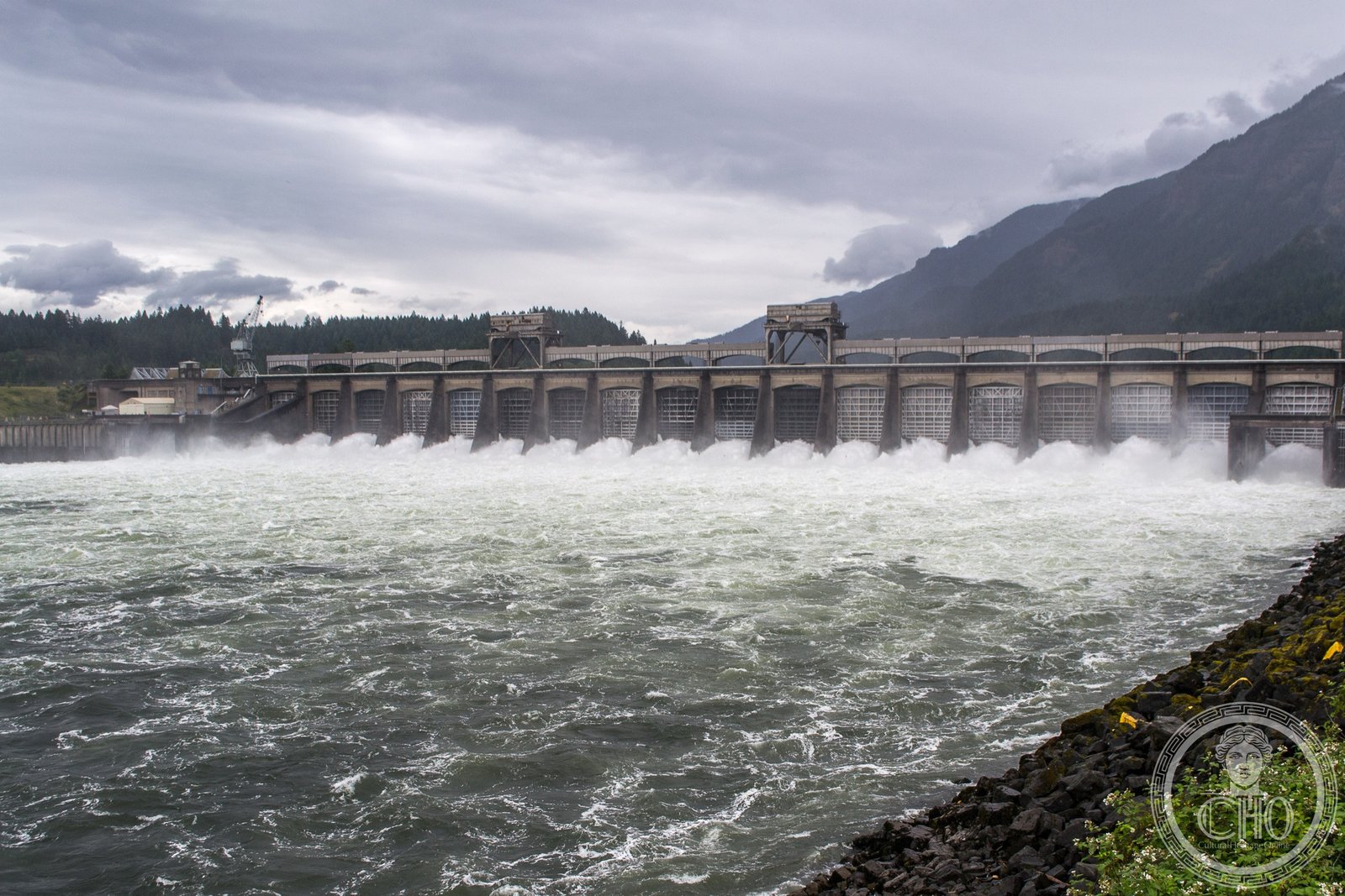 Bonneville Dam spillway on the Columbia River, Cascade Locks, Oregon — Art Deco WPA federal architecture, 1937