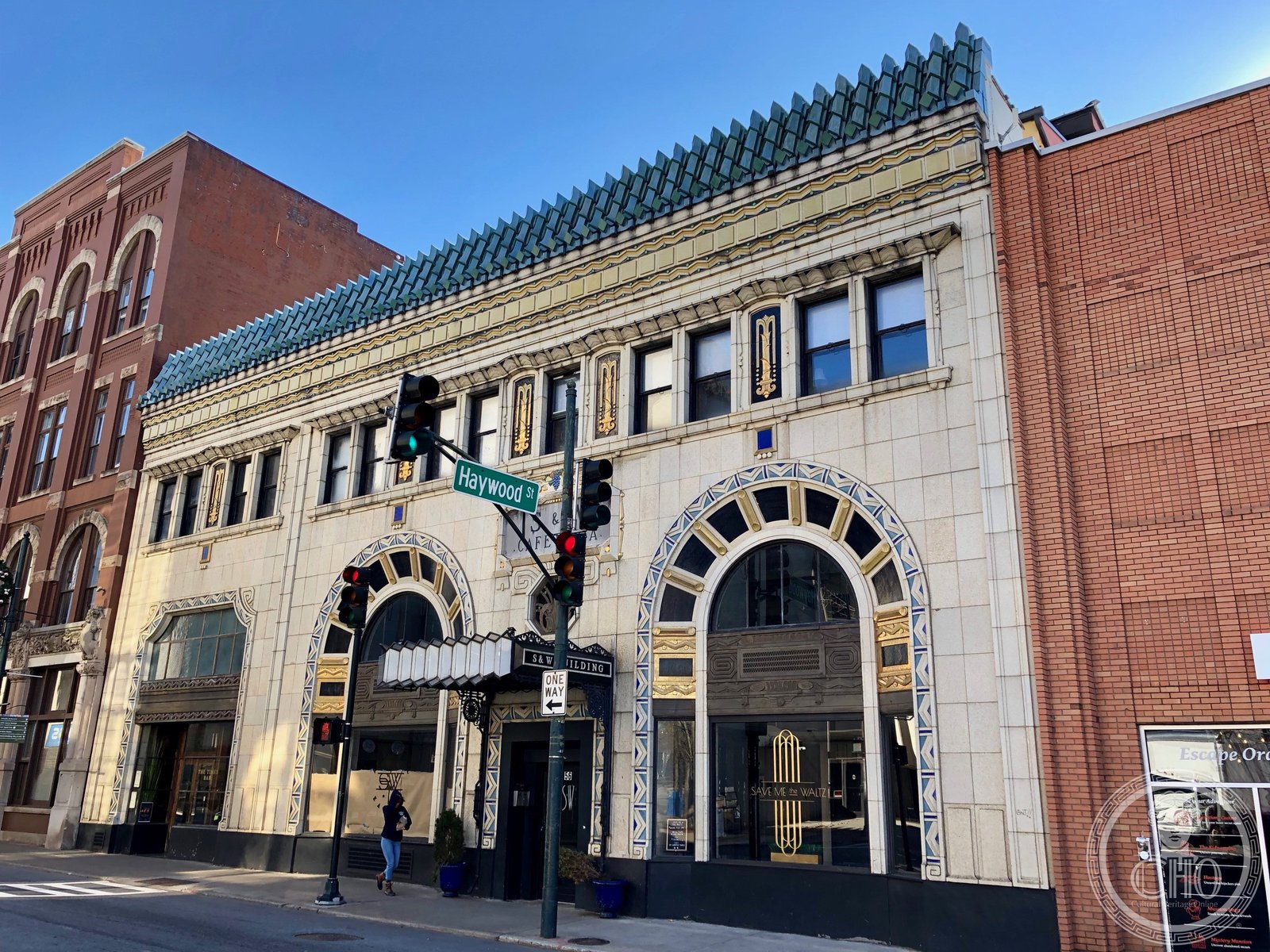 The gleaming white Art Deco terra cotta facade of the S&W Cafeteria Building on Patton Avenue in downtown Asheville, North Carolina
