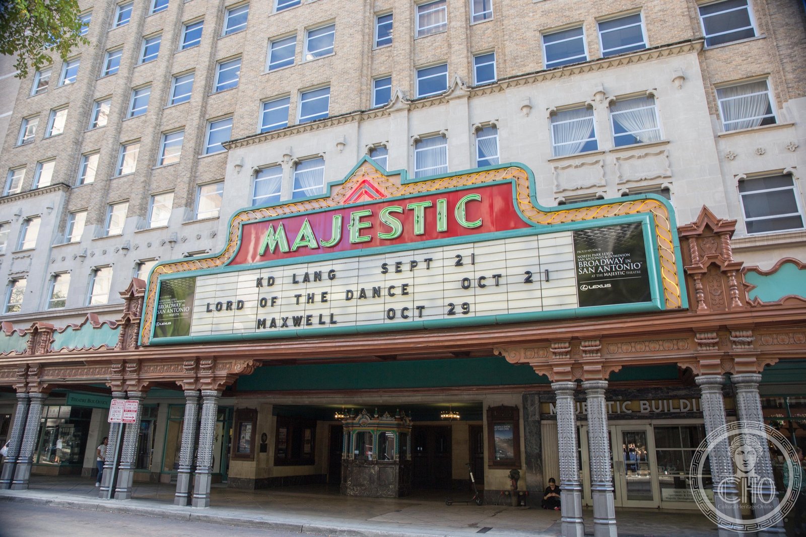 The Spanish colonial and Moorish-inflected Art Deco facade of the Majestic Theatre on East Houston Street in downtown San Antonio, Texas
