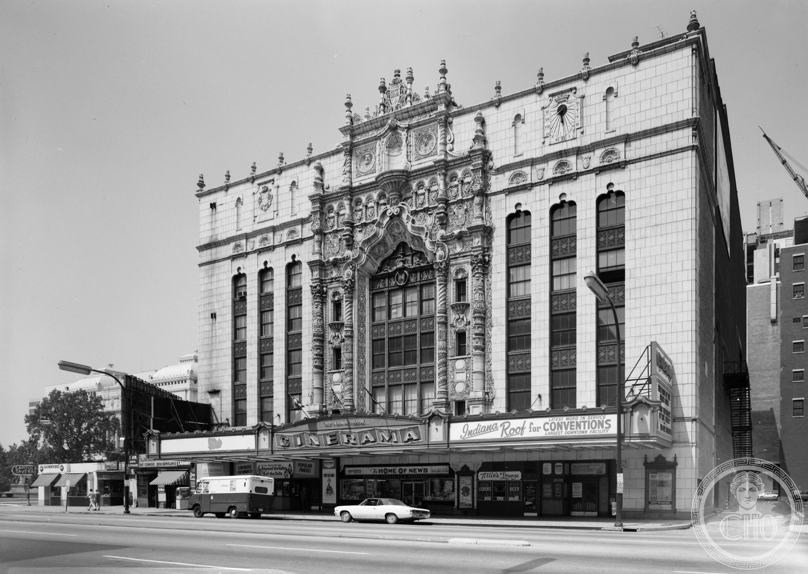 The Art Deco exterior of the Indiana Theatre building housing the Indiana Roof Ballroom in downtown Indianapolis, Indiana