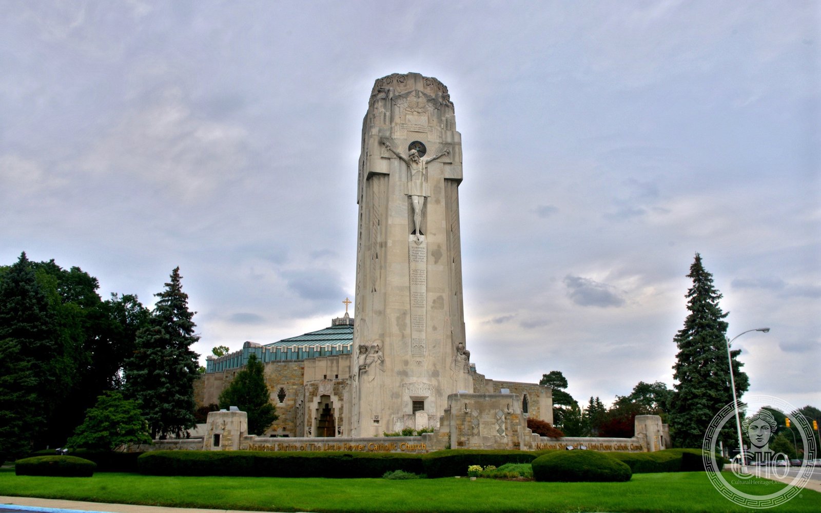 Exterior of the National Shrine of the Little Flower Basilica with its Art Deco stone tower, Royal Oak, Michigan