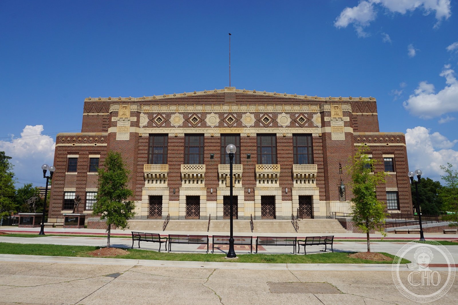 Shreveport Municipal Memorial Auditorium Art Deco limestone facade, 705 Elvis Presley Boulevard, Shreveport Louisiana