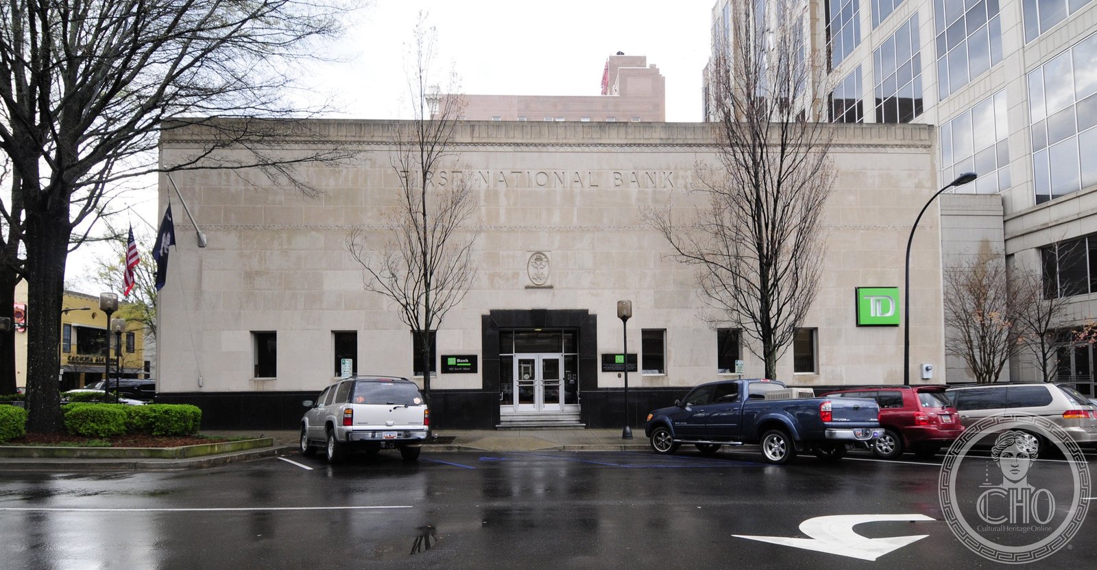 First National Bank Building, Greenville, South Carolina — Art Deco sandstone facade with aluminum eagles, 1938