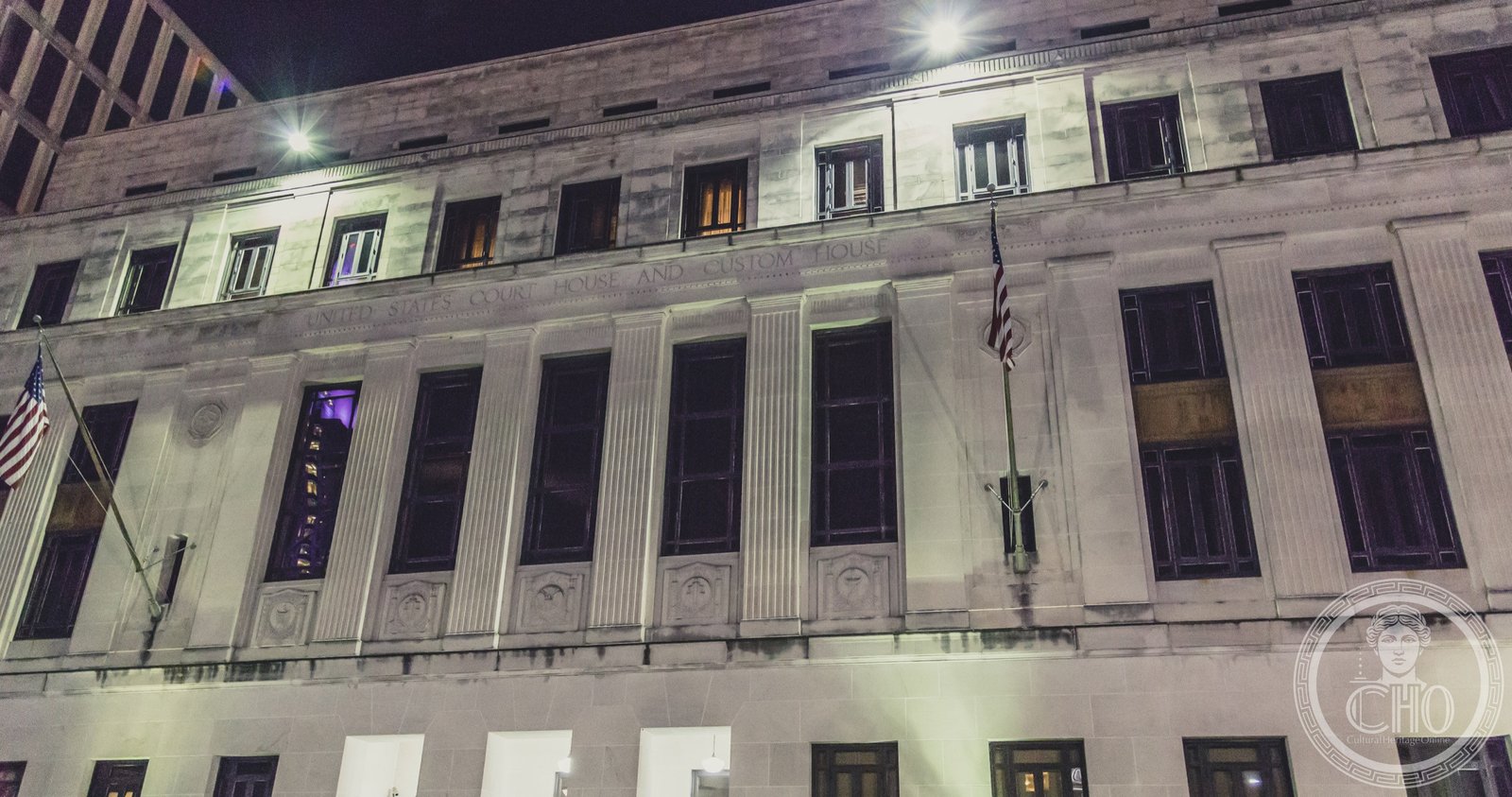 John Archibald Campbell U.S. Courthouse white limestone facade, Mobile, Alabama