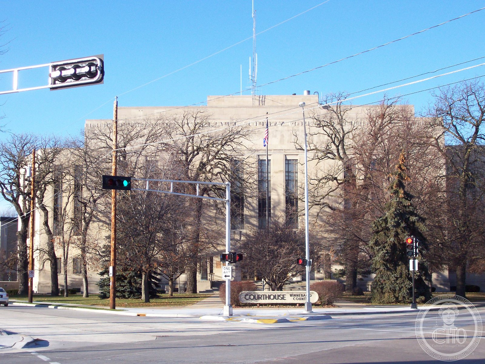 Winnebago County Courthouse Art Deco Indiana limestone facade with Ianelli bas-reliefs, Oshkosh, Wisconsin