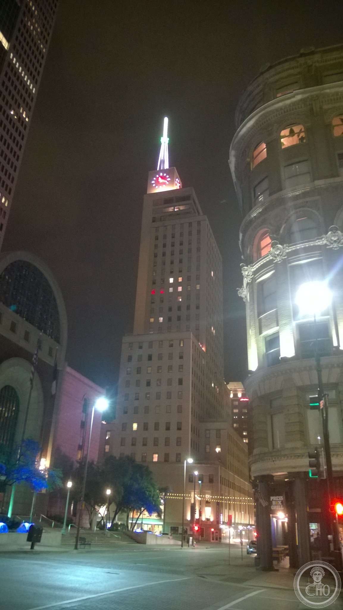 Mercantile National Bank Building Dallas Texas at night, 31-story Moderne Art Deco skyscraper completed 1943 with illuminated clock tower