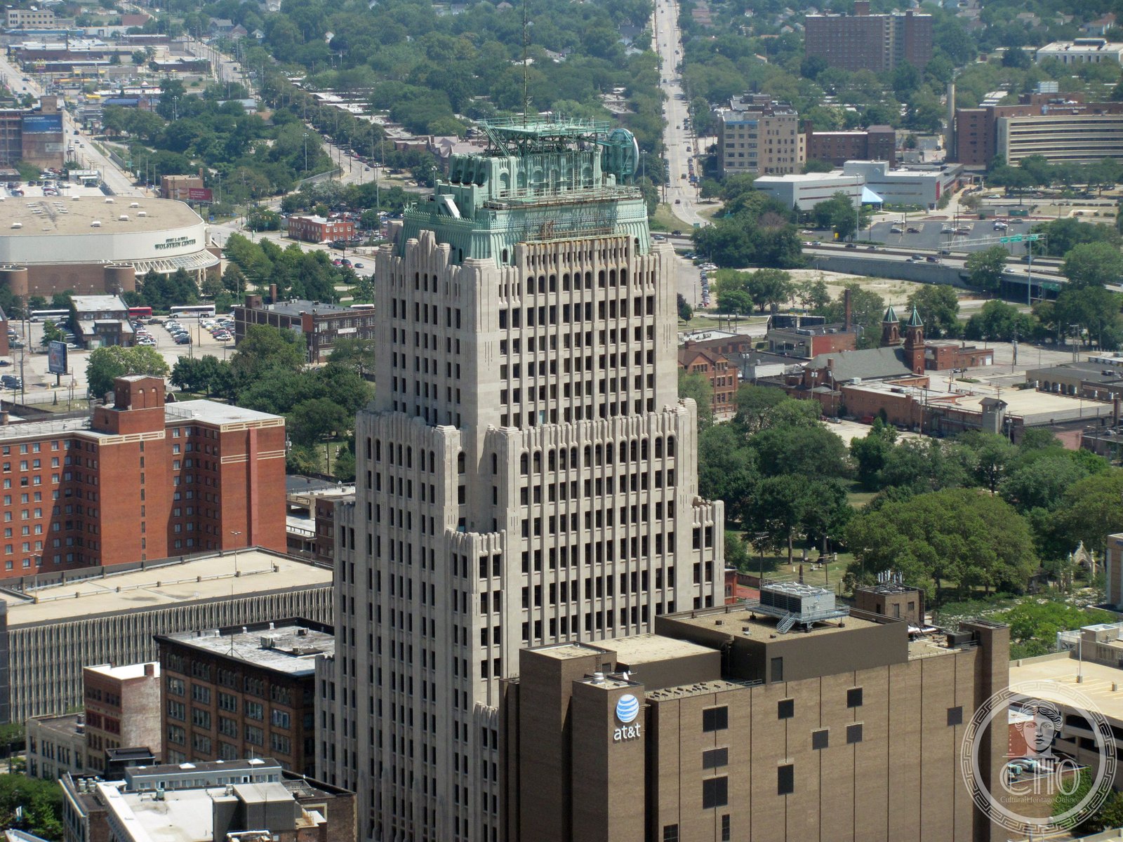 AT&T Huron Road Building viewed from Terminal Tower observation deck downtown Cleveland Ohio, 22-story Art Deco skyscraper completed 1927