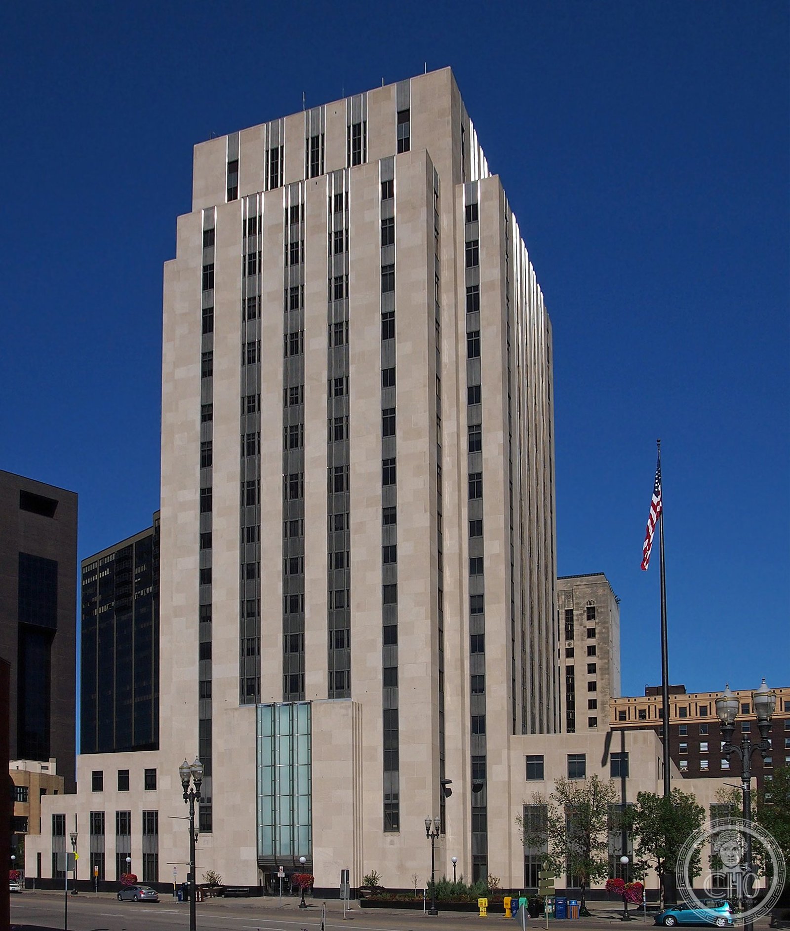 Saint Paul City Hall and Ramsey County Courthouse southeast elevation, 20-story Art Deco skyscraper completed 1932 in Indiana limestone