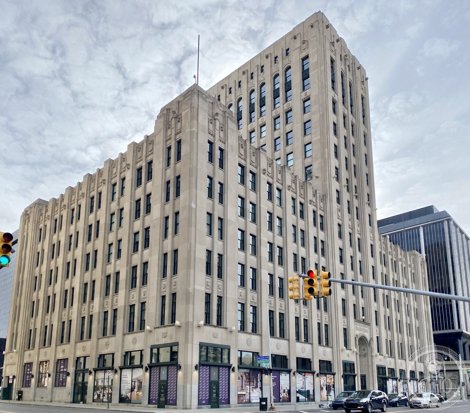 Detroit Free Press Building on Lafayette Boulevard, Art Deco limestone tower in downtown Detroit Michigan