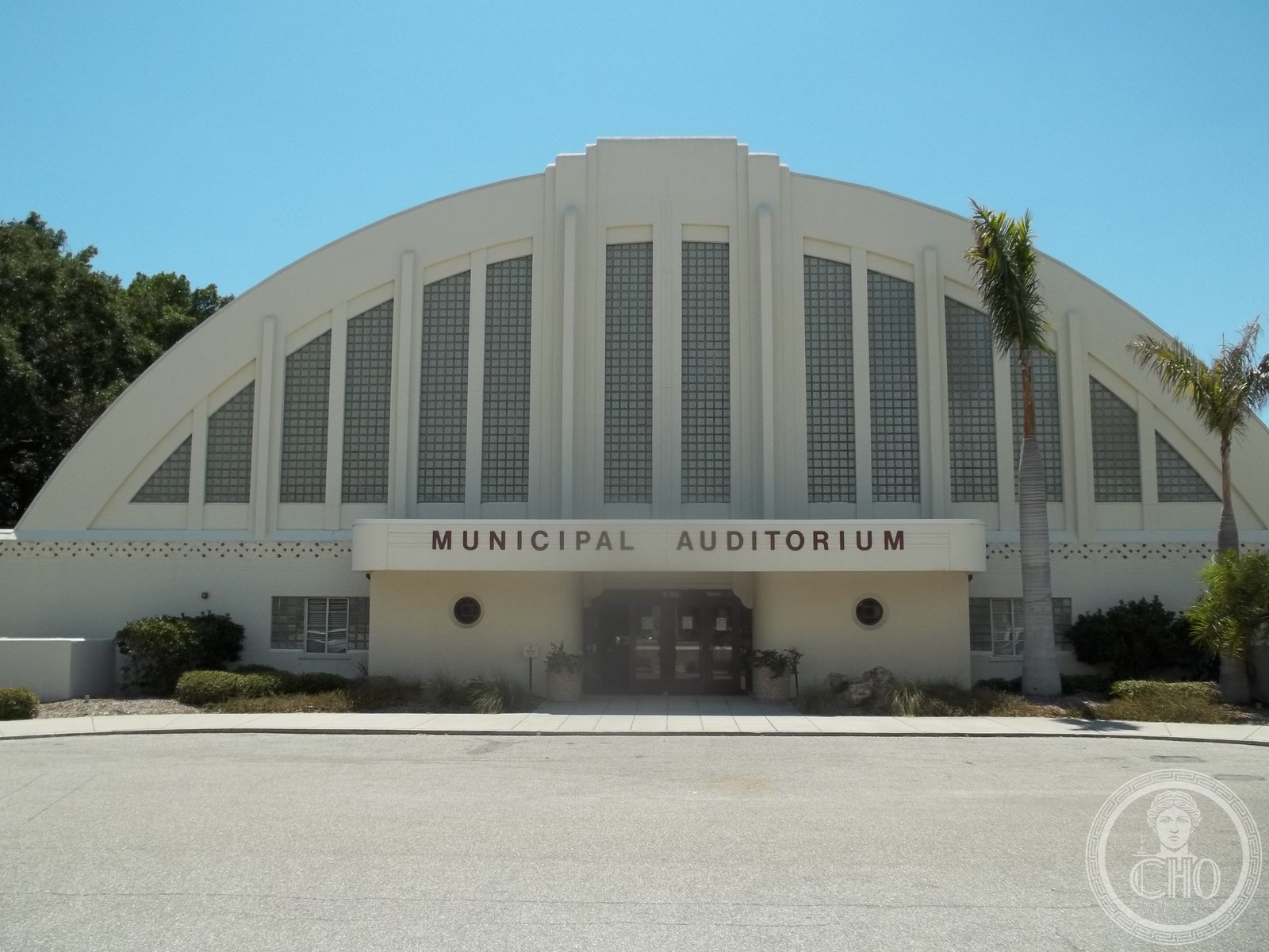 Sarasota Municipal Auditorium Art Deco and Moderne facade with glass blocks, Tamiami Trail North, Sarasota, Florida