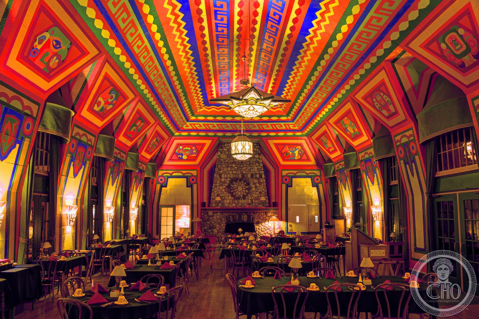 Naniboujou Lodge dining room Cree-painted Art Deco ceiling and fireplace Cook County Minnesota