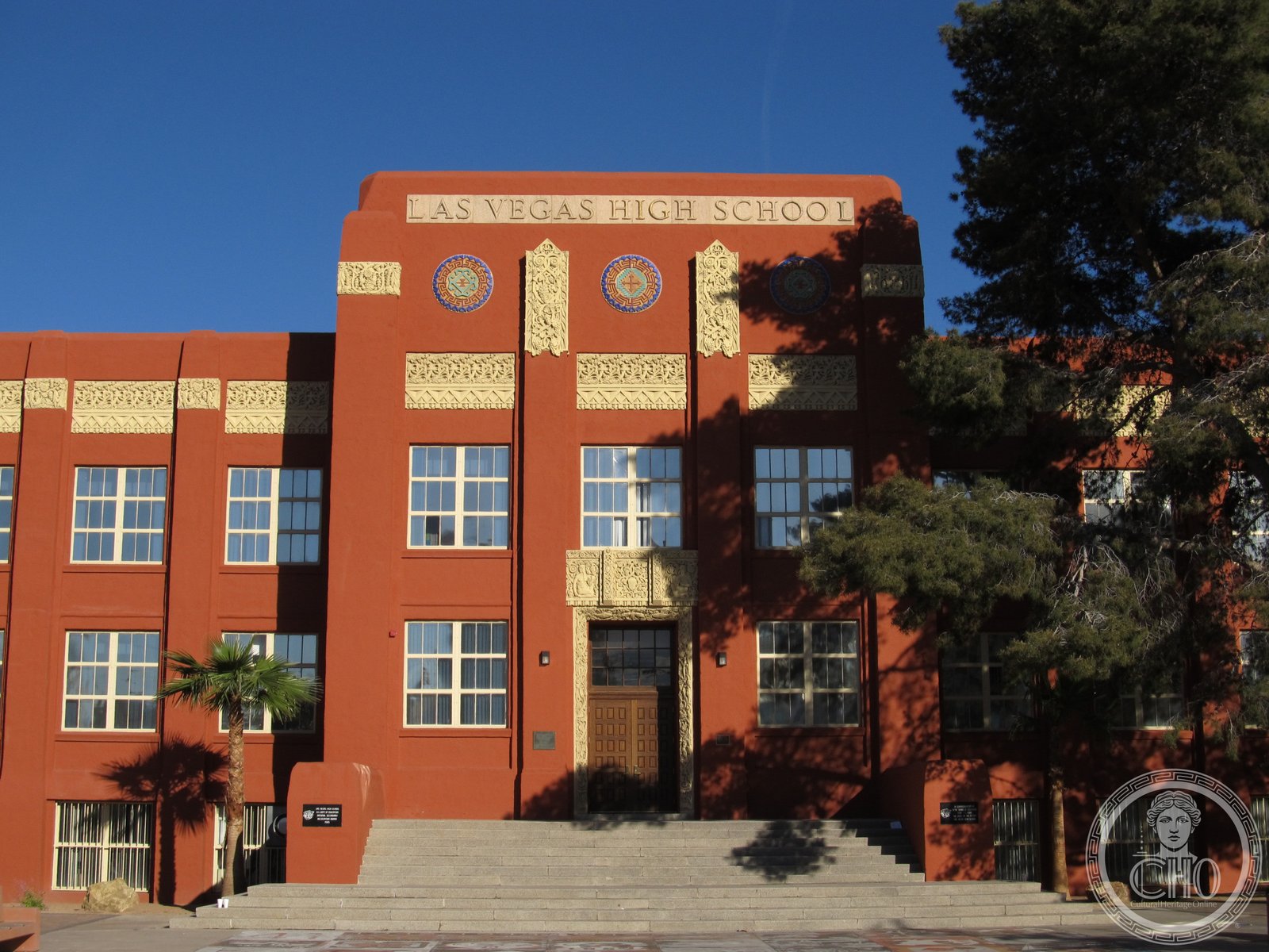 Las Vegas High School Art Deco facade with decorative polychrome friezes, Las Vegas Nevada