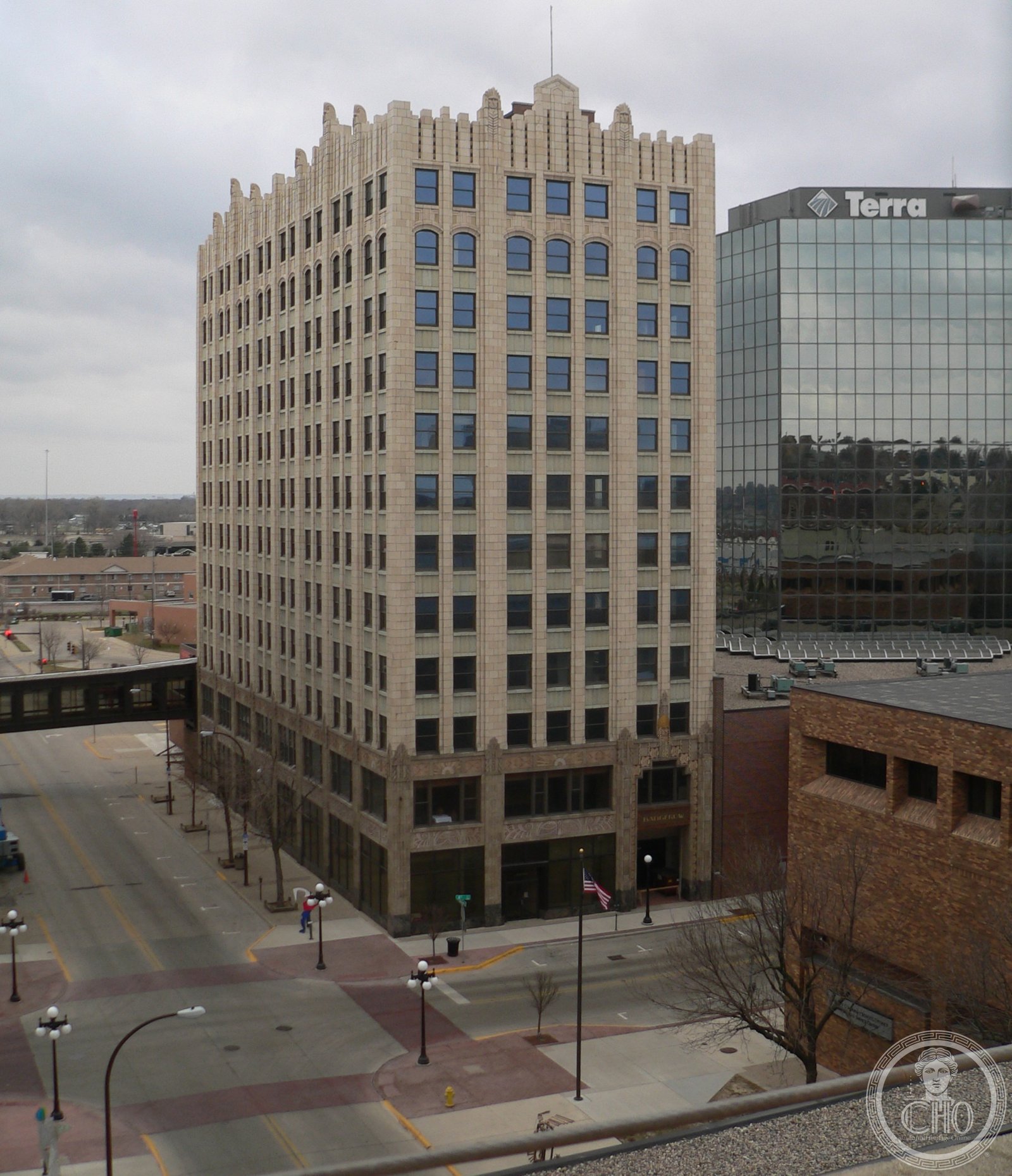 Badgerow Building (1933), 622 4th Street, Sioux City, Iowa, twelve-story Art Deco office building designed by K.E. Westerlind, with terra cotta facade and Native American head motif ornament.
