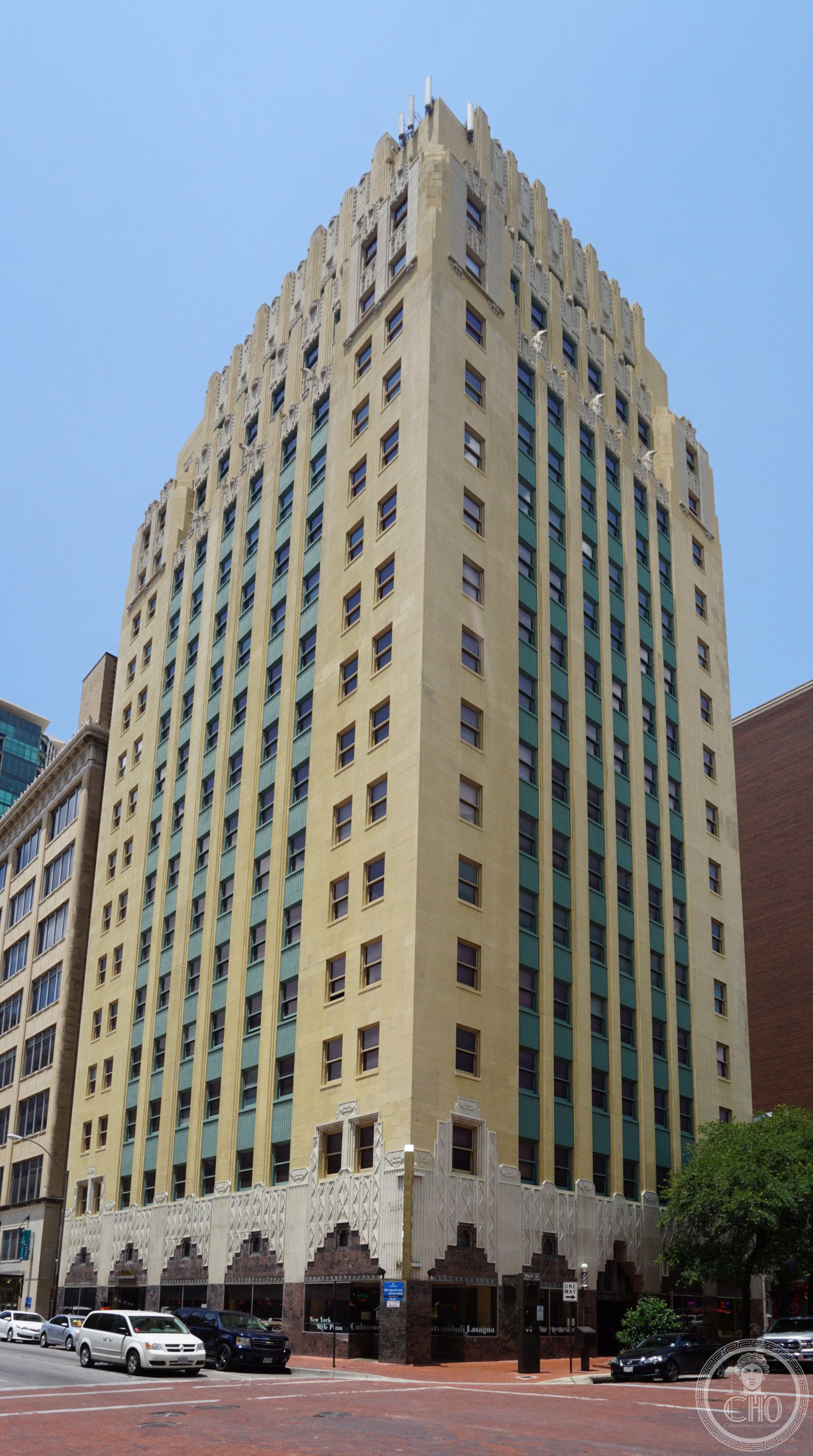 Sinclair Building (1930), 512 Main Street, Fort Worth, Texas, sixteen-story Zigzag Moderne office building by Wiley G. Clarkson with dark green spandrels and Meso-American ornament, converted to hotel in 2019.