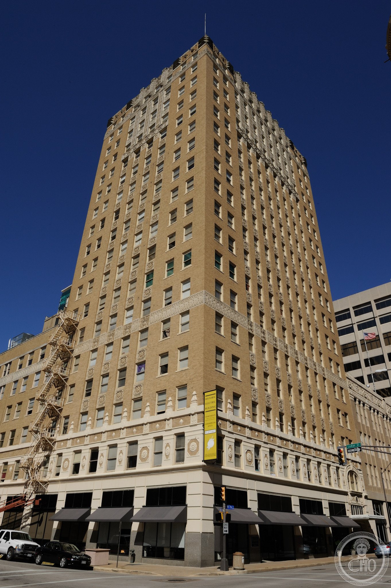 Electric Building Fort Worth Texas, Art Deco tower with terracotta ornament on 7th Street