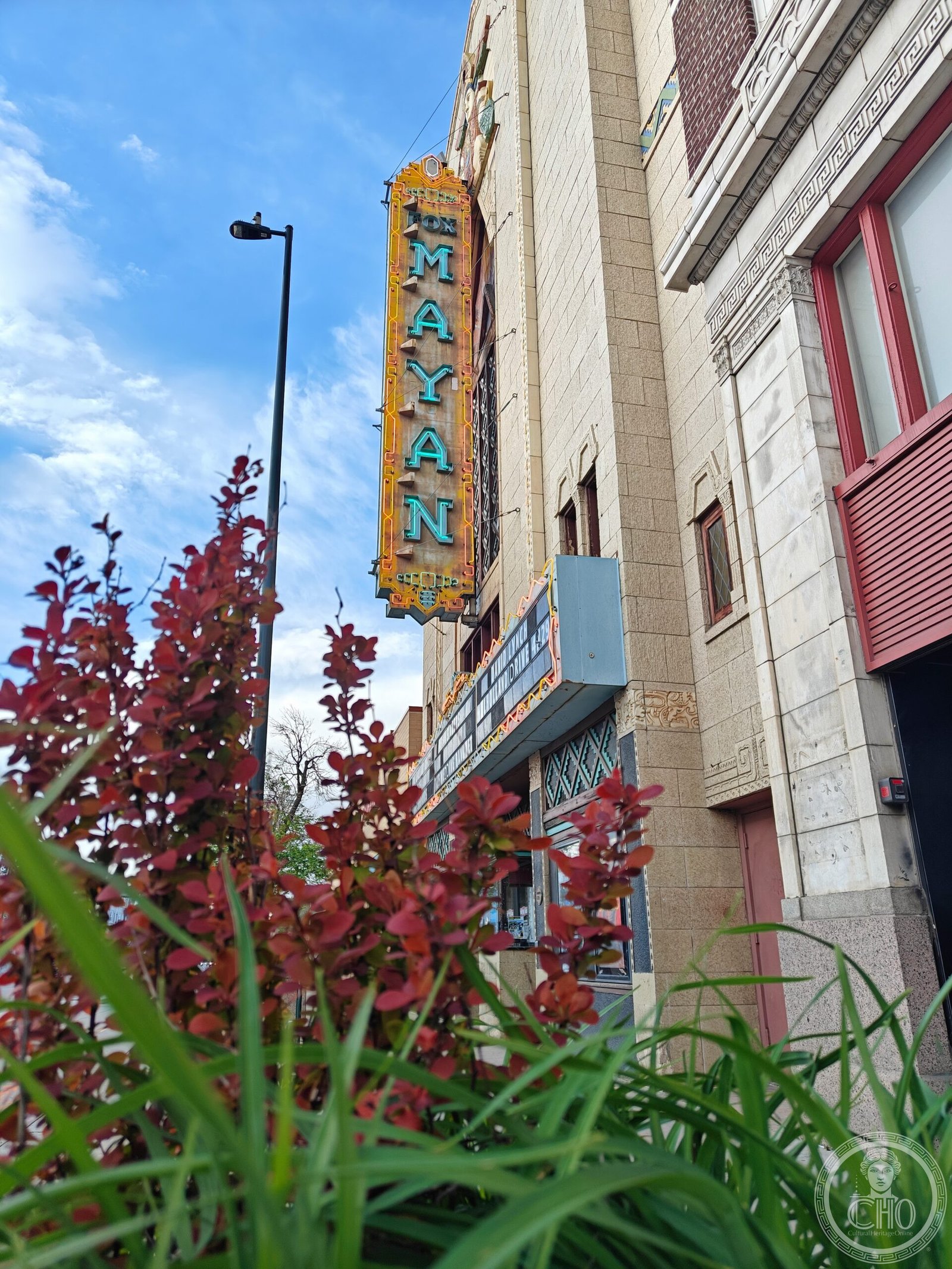 Mayan Theatre facade Denver Colorado with terracotta Mayan Revival ornament on Broadway
