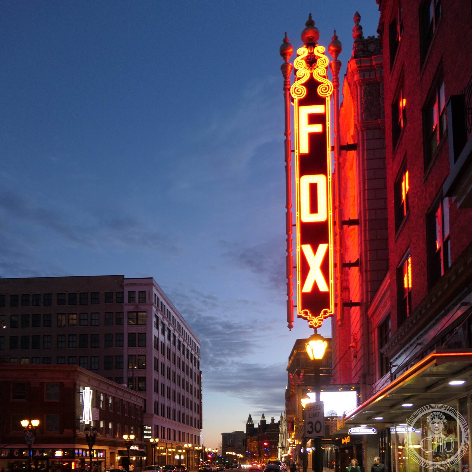 Fox Theatre St. Louis facade with vertical marquee at night, ornate terracotta and Siamese Byzantine ornament