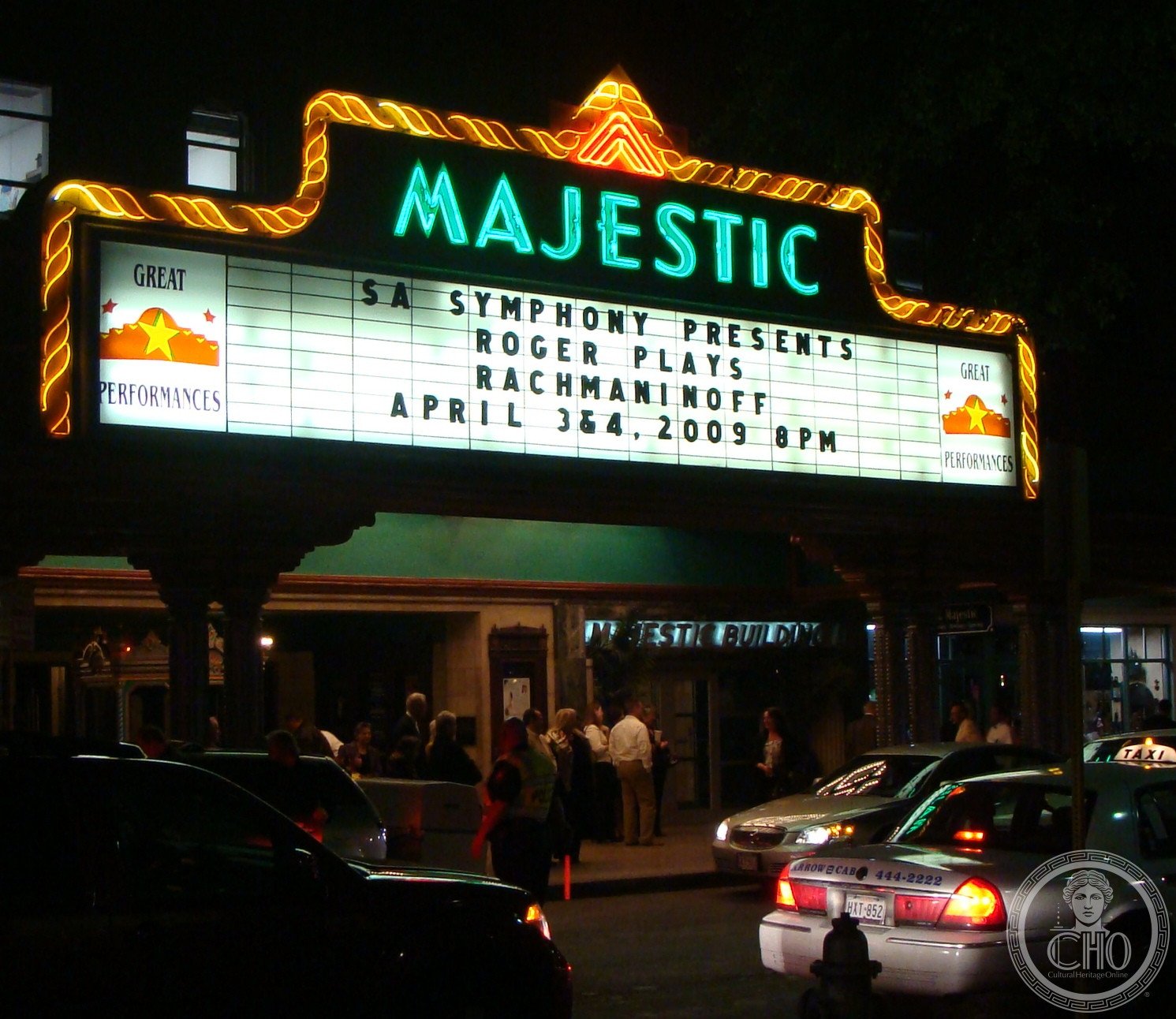 Majestic Theatre San Antonio exterior with vertical marquee and ornate Spanish Colonial Revival facade on Houston Street