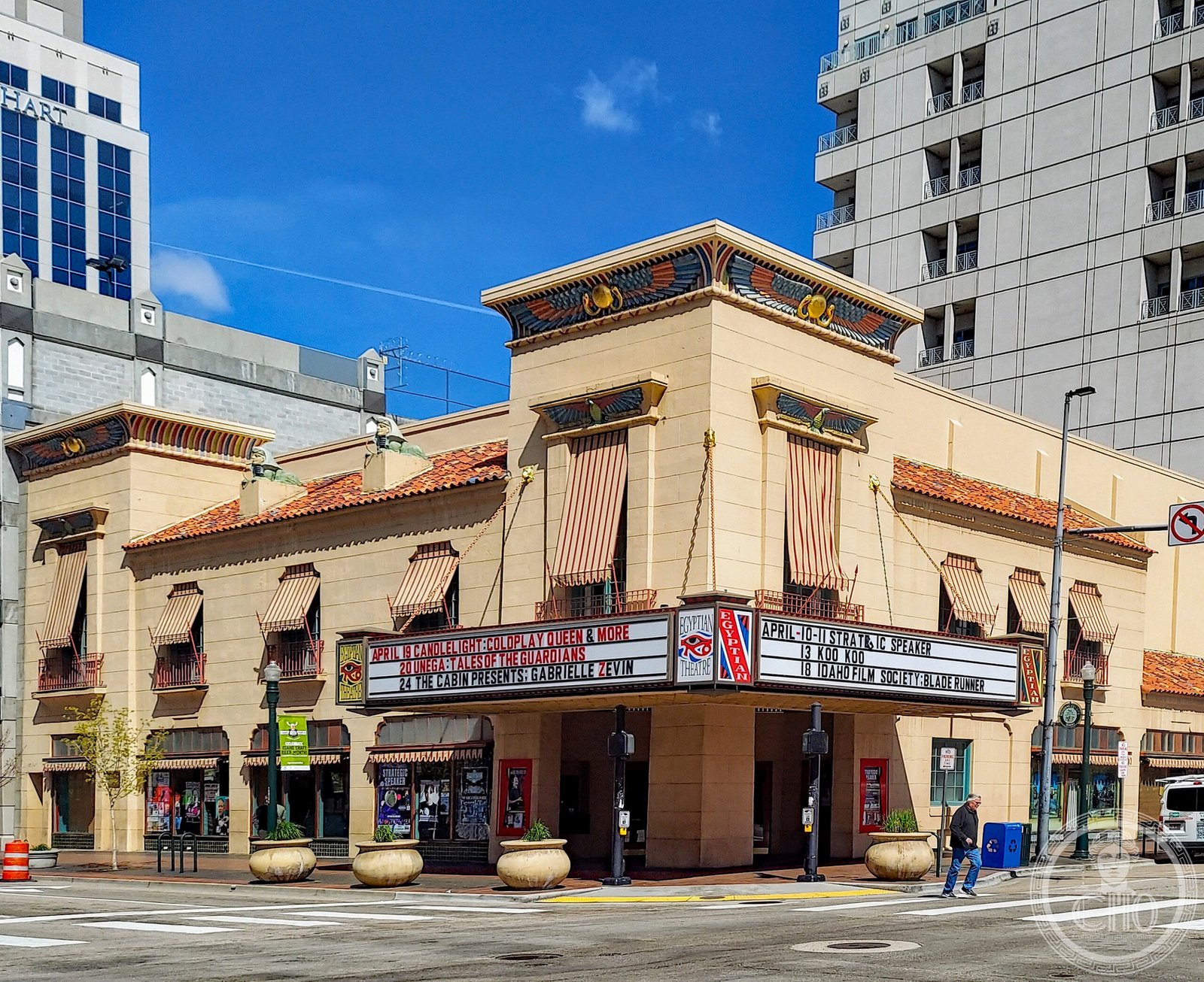 Egyptian Theatre Boise Idaho facade on West Main Street with Egyptian Revival ornament, lotus columns and sphinx reliefs
