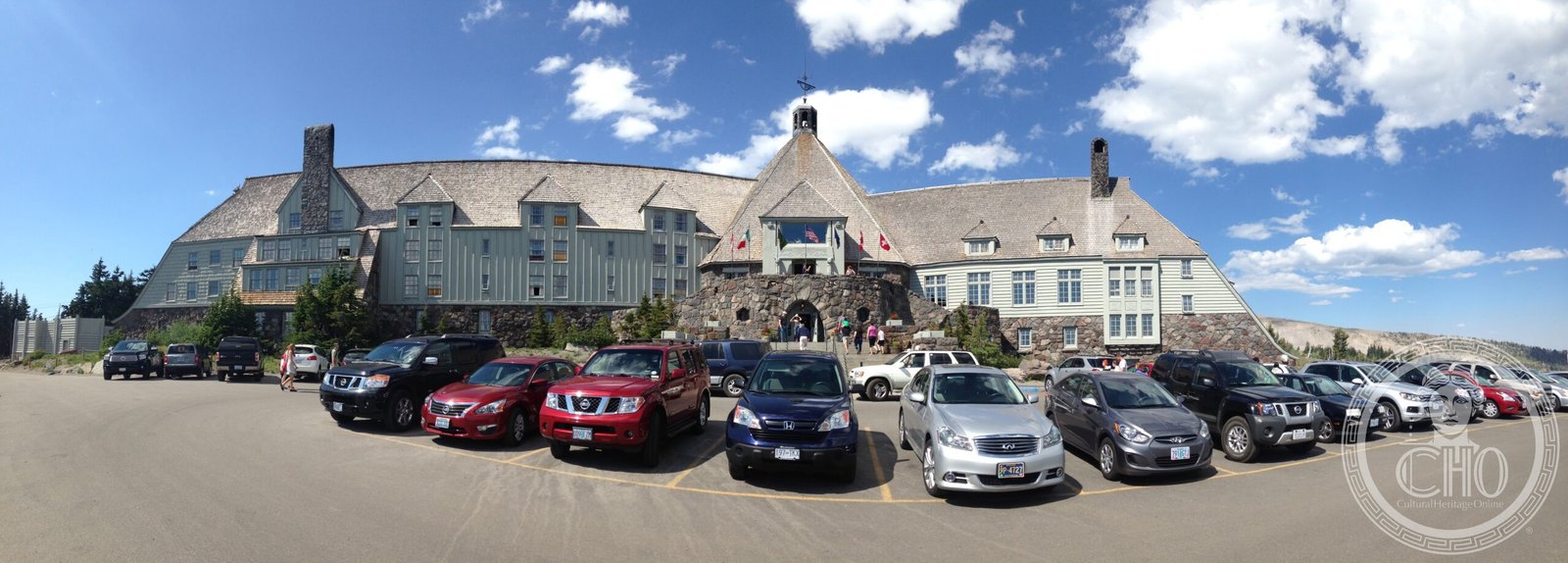 Timberline Lodge exterior in winter, WPA stone and timber construction on the south slope of Mount Hood, Oregon