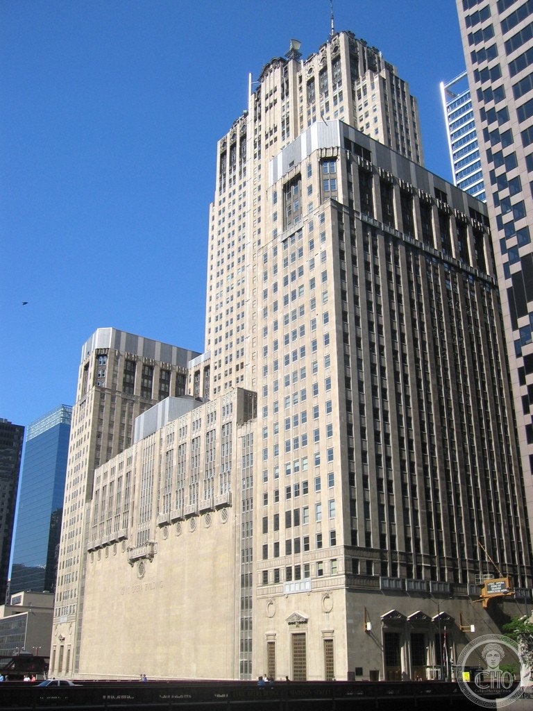 Civic Opera Building Chicago facade on the Chicago River, 44-story Art Deco tower
