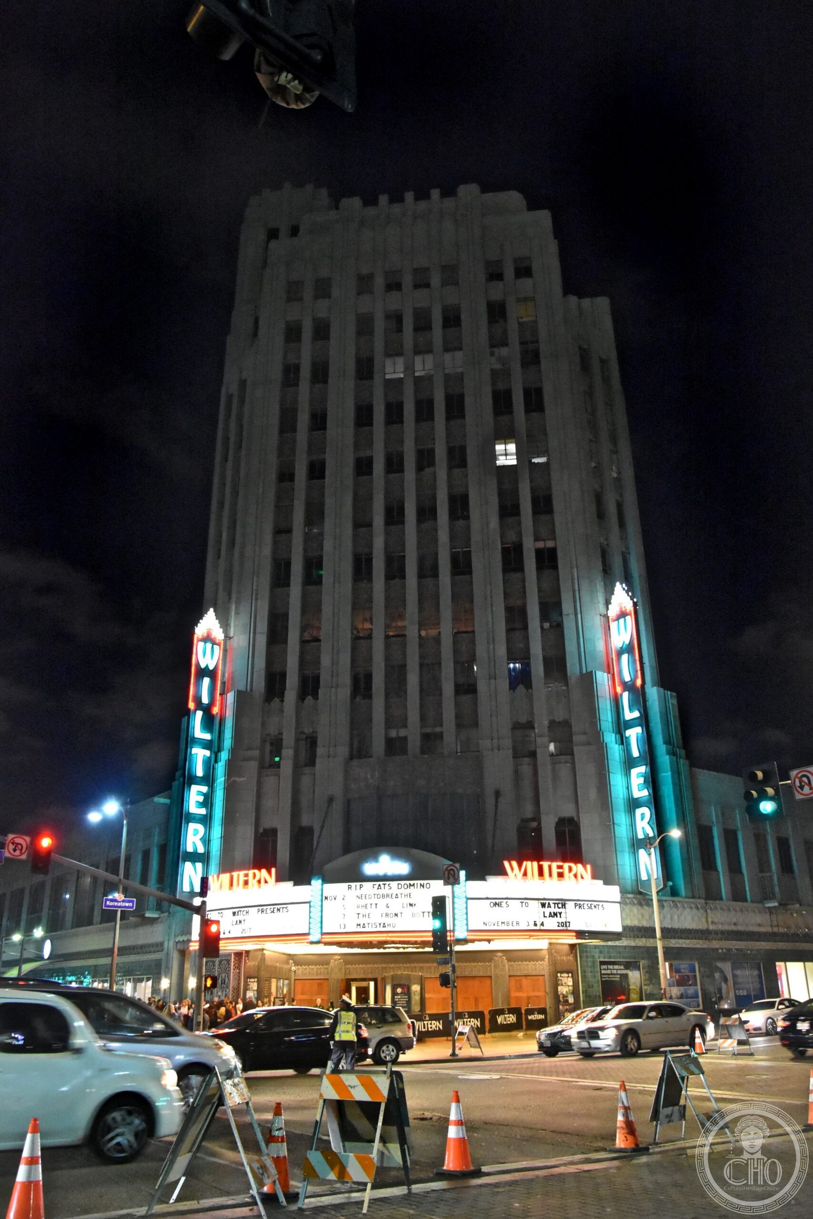 Wiltern Theatre Los Angeles distinctive turquoise glazed terracotta facade at corner of Wilshire Boulevard and Western Avenue