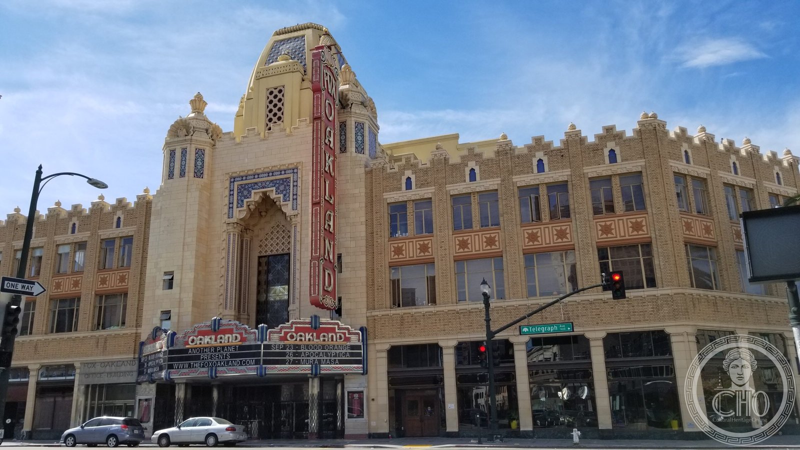 Fox Theater Oakland Moorish atmospheric exterior on Telegraph Avenue with terracotta facade and vertical sign