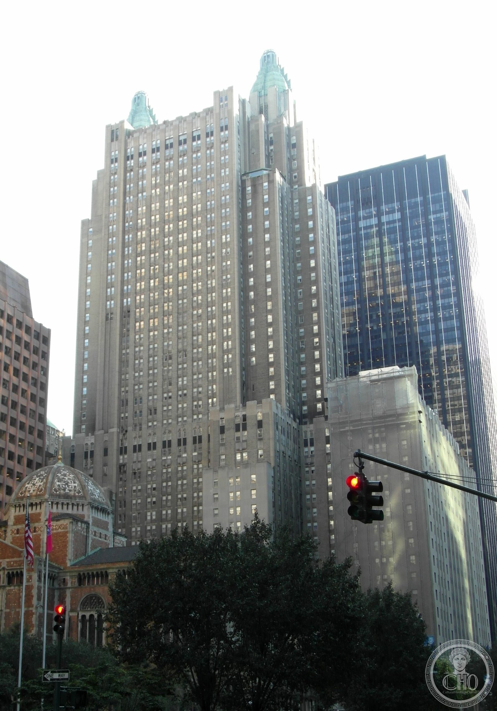 Waldorf Astoria New York twin Art Deco towers rising above Park Avenue between 49th and 50th Streets