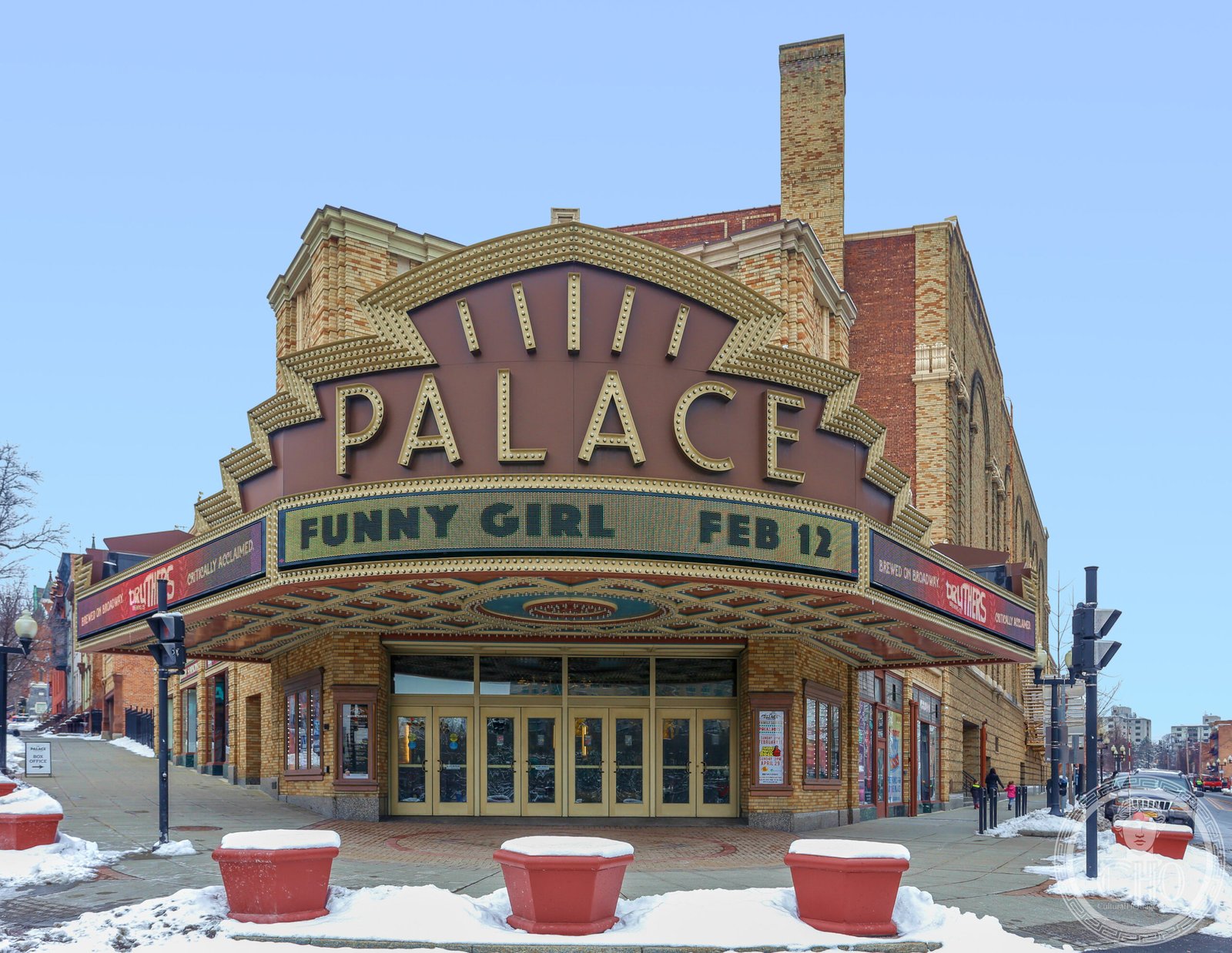 Palace Theatre Albany New York exterior on Clinton Avenue with illuminated sign and classical facade