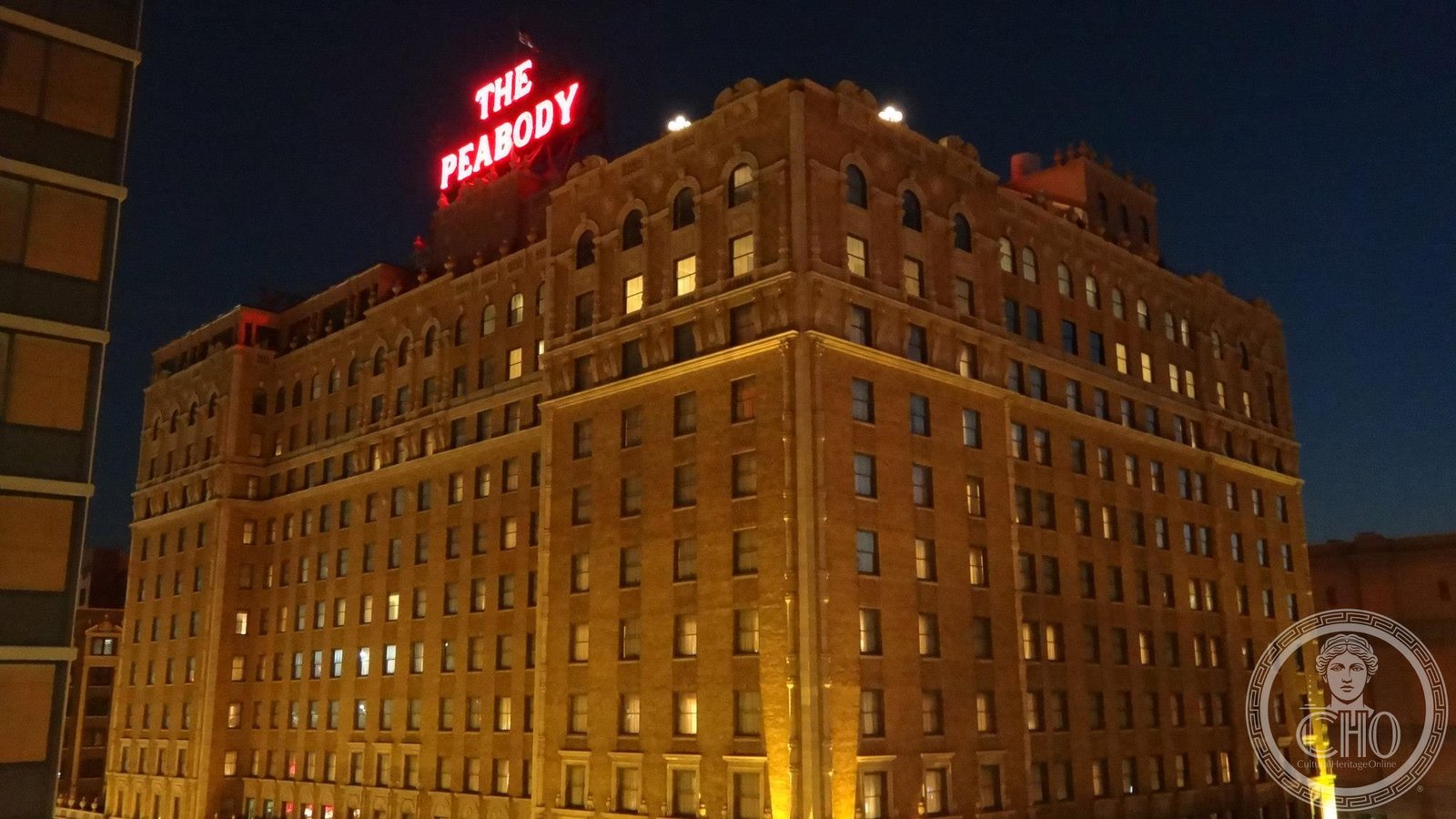Peabody Hotel Memphis Tennessee Renaissance Revival facade on Union Avenue with ornate lobby marquee