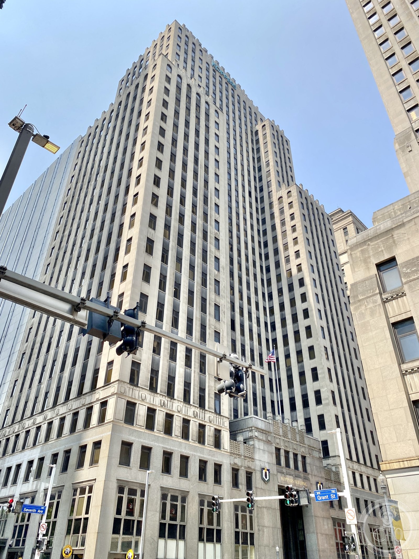 Koppers Building Art Deco tower with green copper pyramid crown rising above Seventh Avenue in downtown Pittsburgh