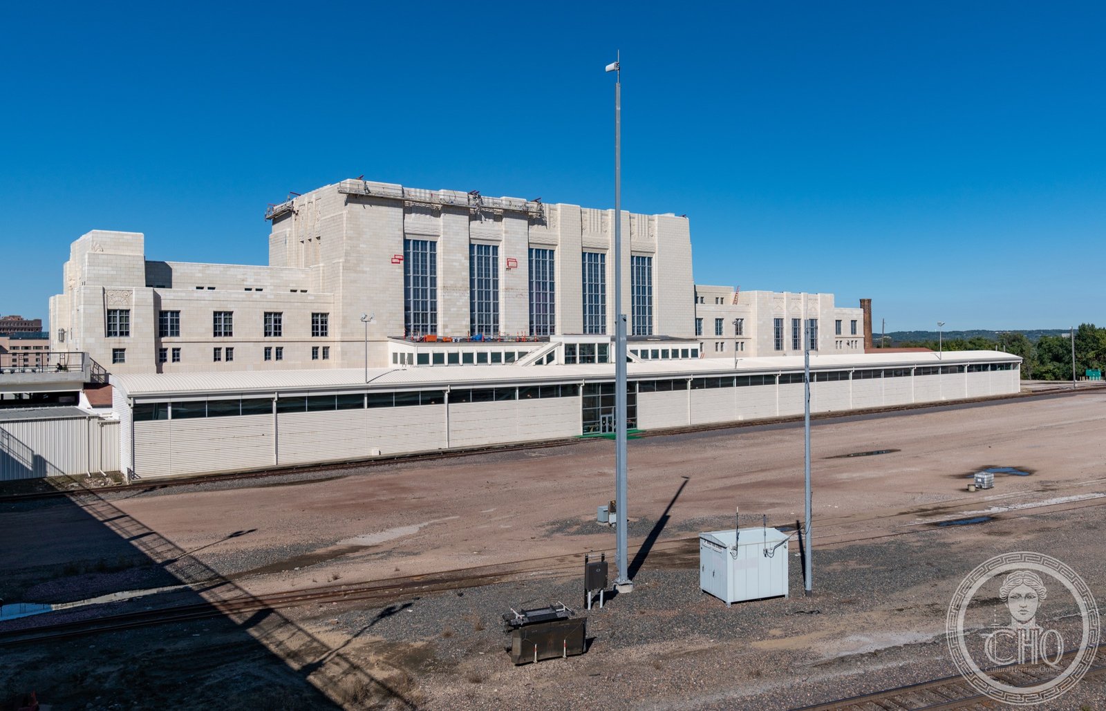 Omaha Union Station Art Deco facade with flanking towers and terra cotta ornament on South 10th Street at the Missouri River