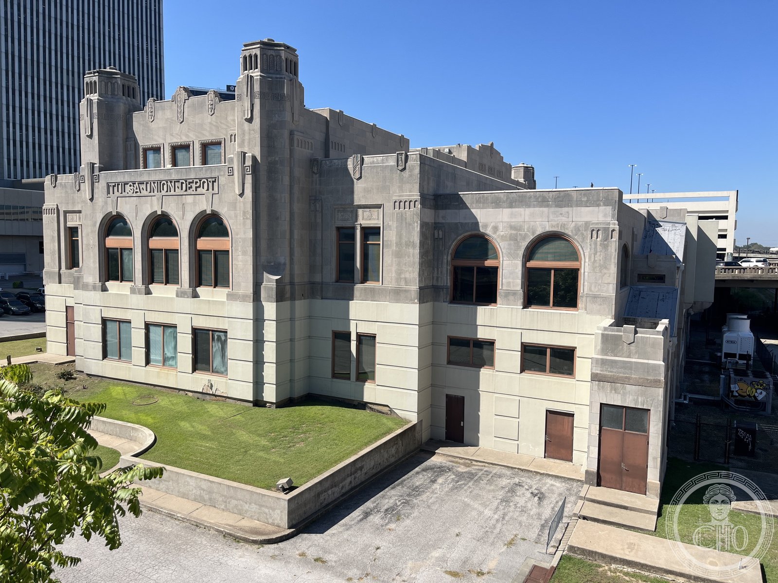 Tulsa Union Depot Art Deco facade with buff brick exterior and geometric ornament in downtown Tulsa Oklahoma
