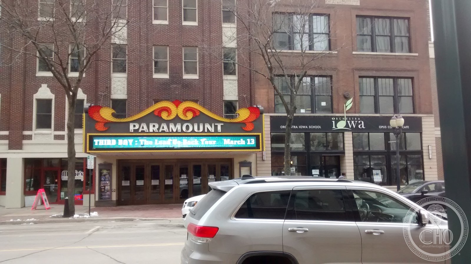 Paramount Theatre Art Deco facade on Third Avenue SE in downtown Cedar Rapids, Iowa