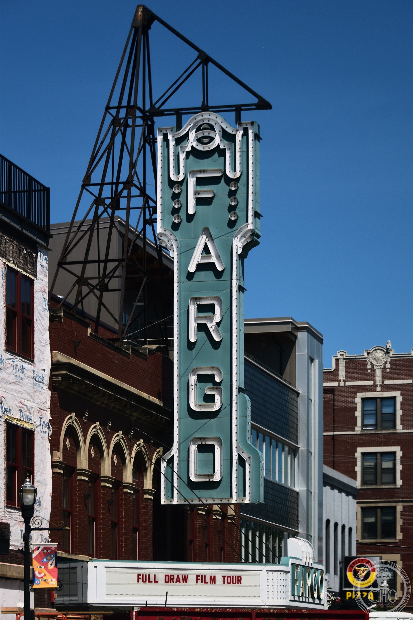Fargo Theatre Art Deco facade on Broadway in downtown Fargo, North Dakota