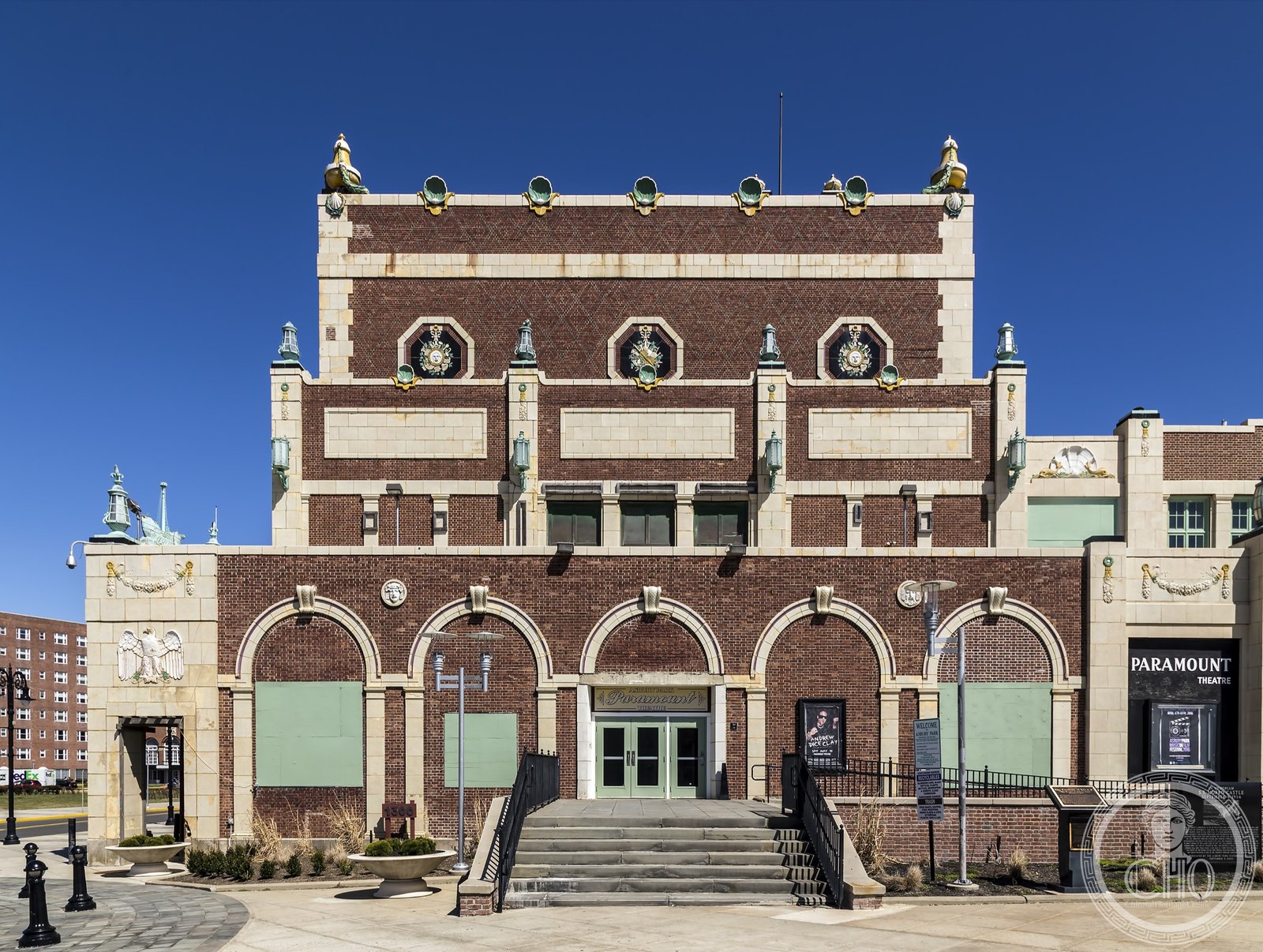 Paramount Theatre Art Deco facade on the Asbury Park boardwalk, New Jersey