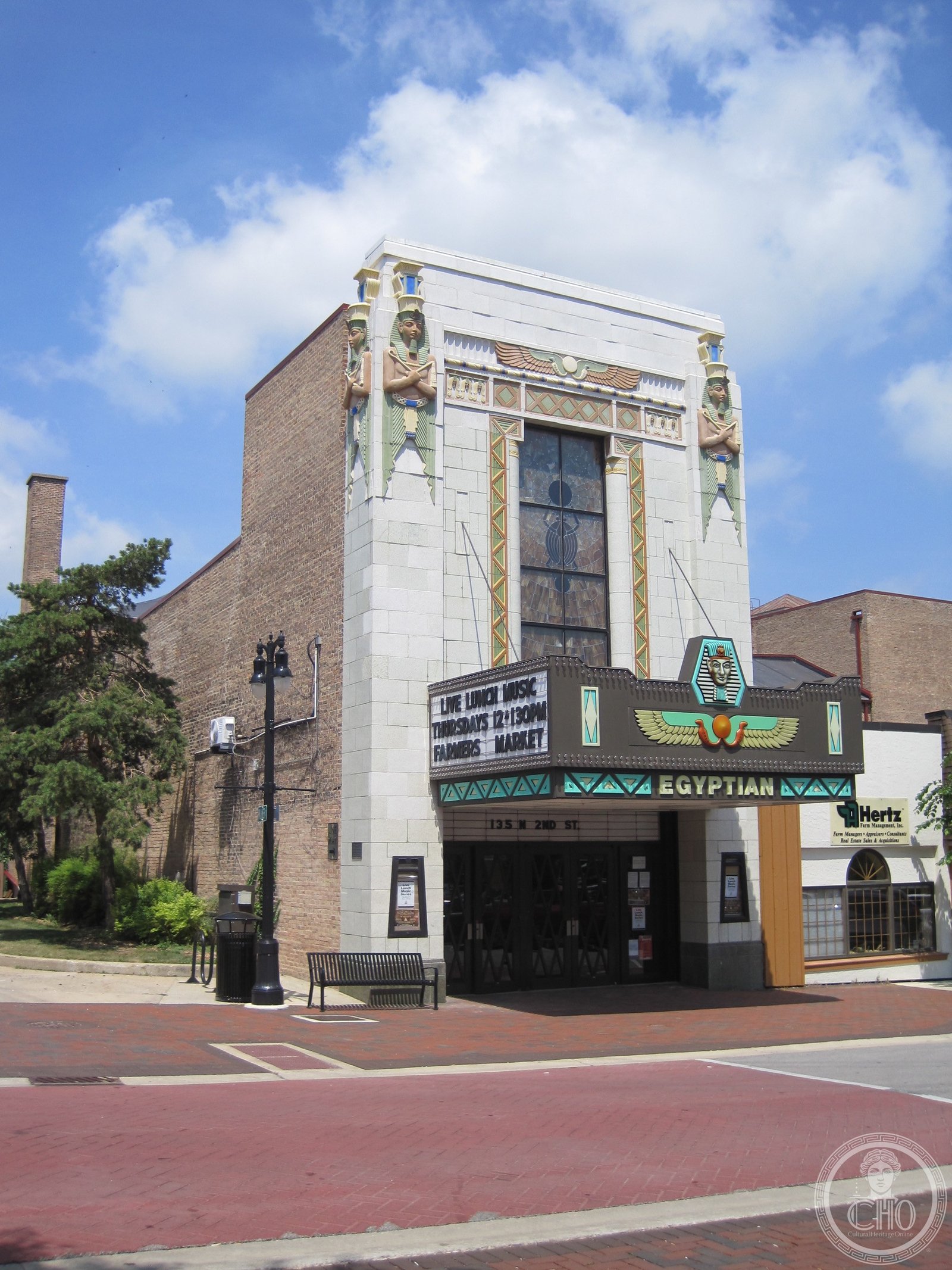 Egyptian Theatre facade with Egyptian Revival ornament, DeKalb, Illinois, 1929