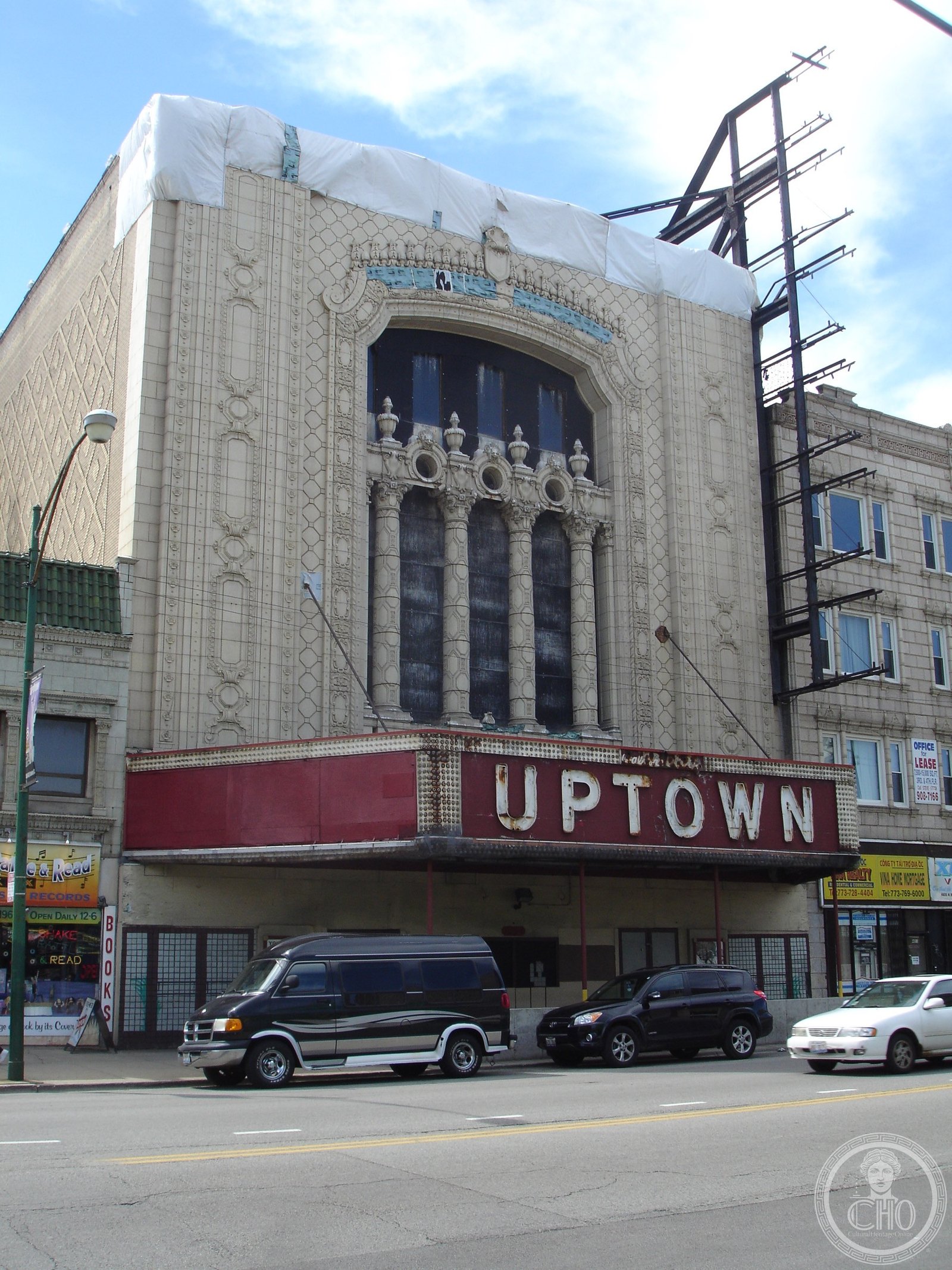 Uptown Theatre Art Deco facade on North Broadway Avenue, Chicago, Illinois