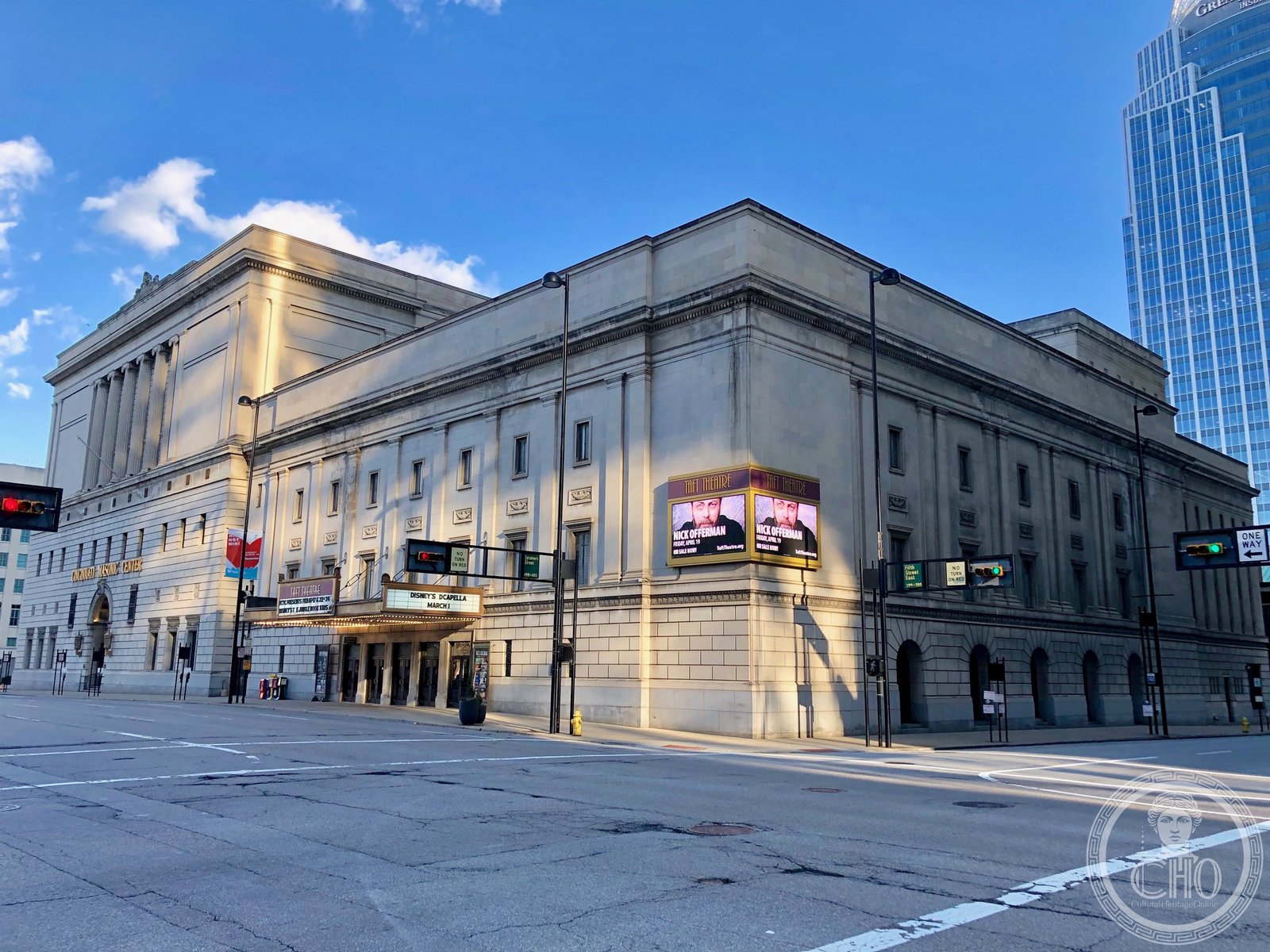 Taft Theatre Art Deco facade on East Fifth Street in downtown Cincinnati, Ohio
