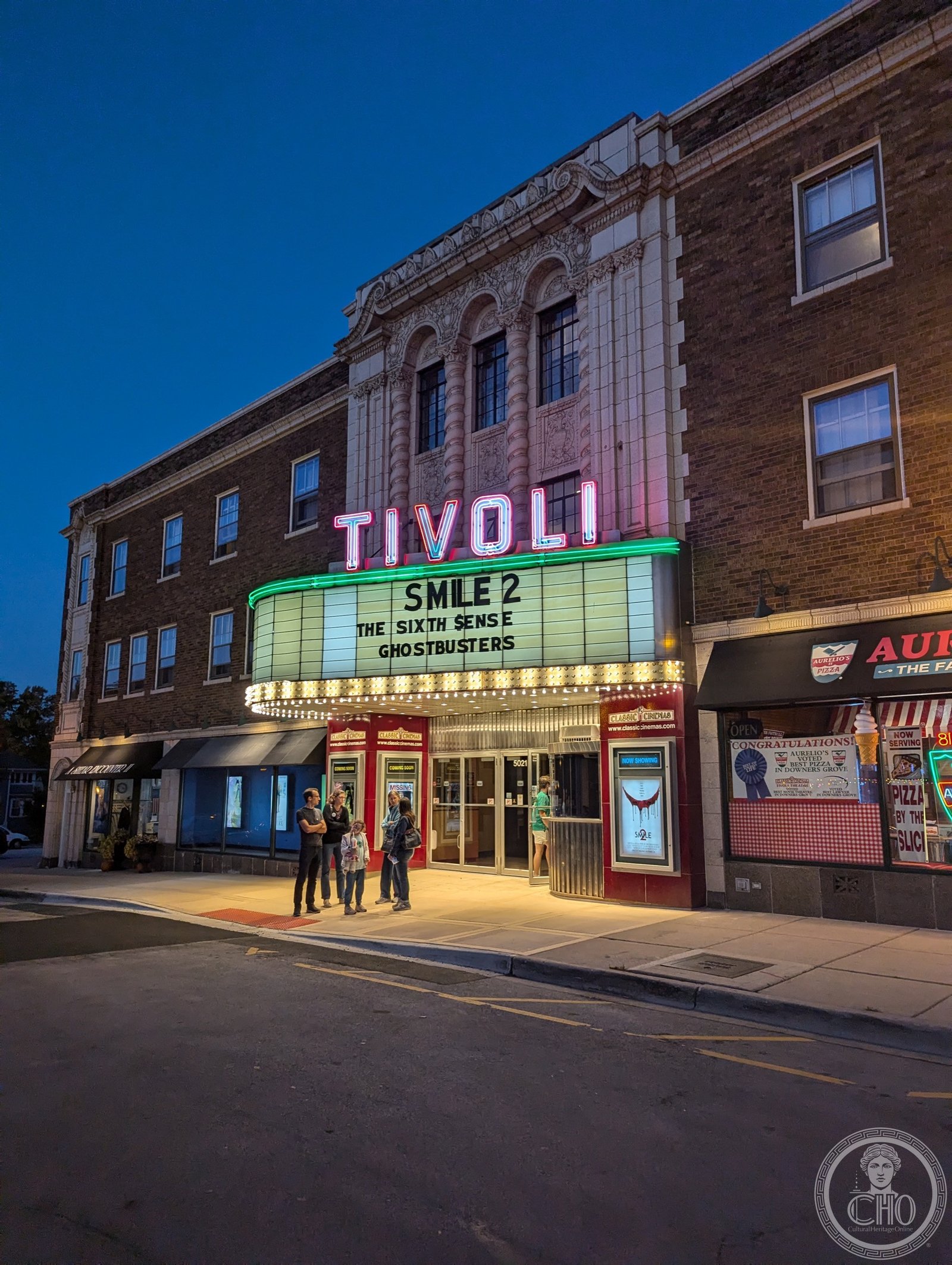 Tivoli Theatre Art Deco facade on Main Street in Downers Grove, Illinois