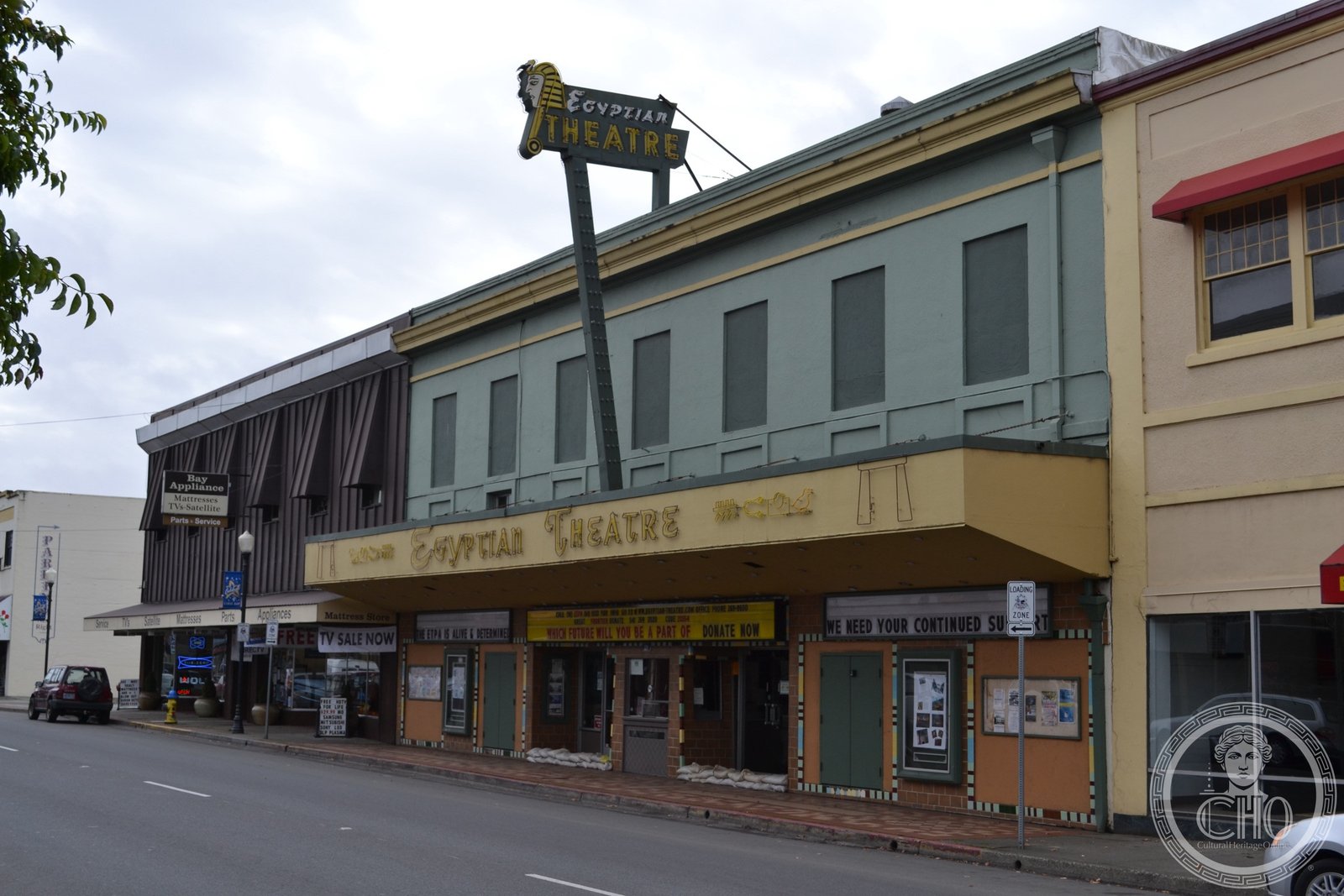 Egyptian Theatre facade on South Broadway, Coos Bay, Oregon
