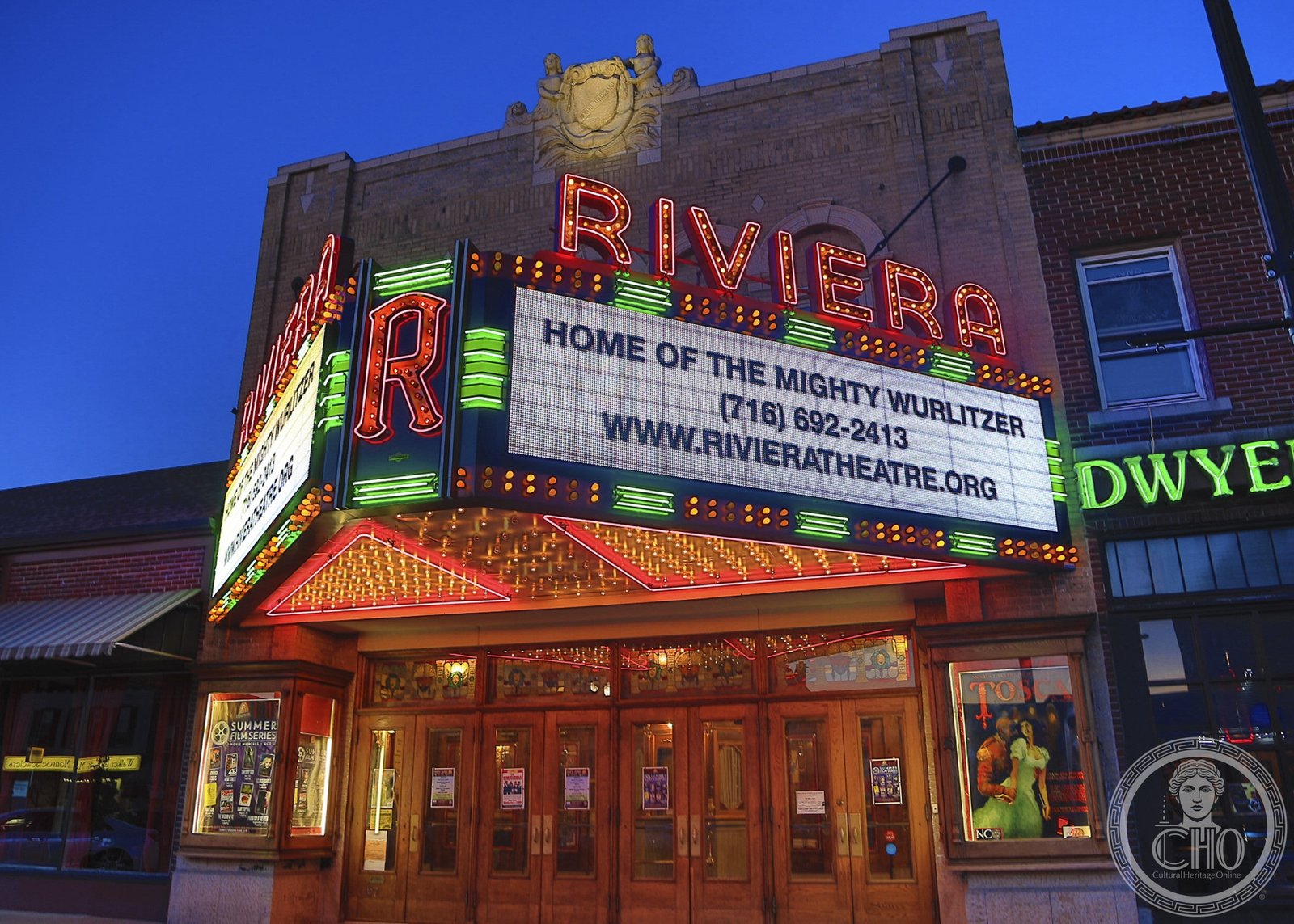 Riviera Theatre marquee on Webster Street, North Tonawanda, New York, restored atmospheric theater 1926