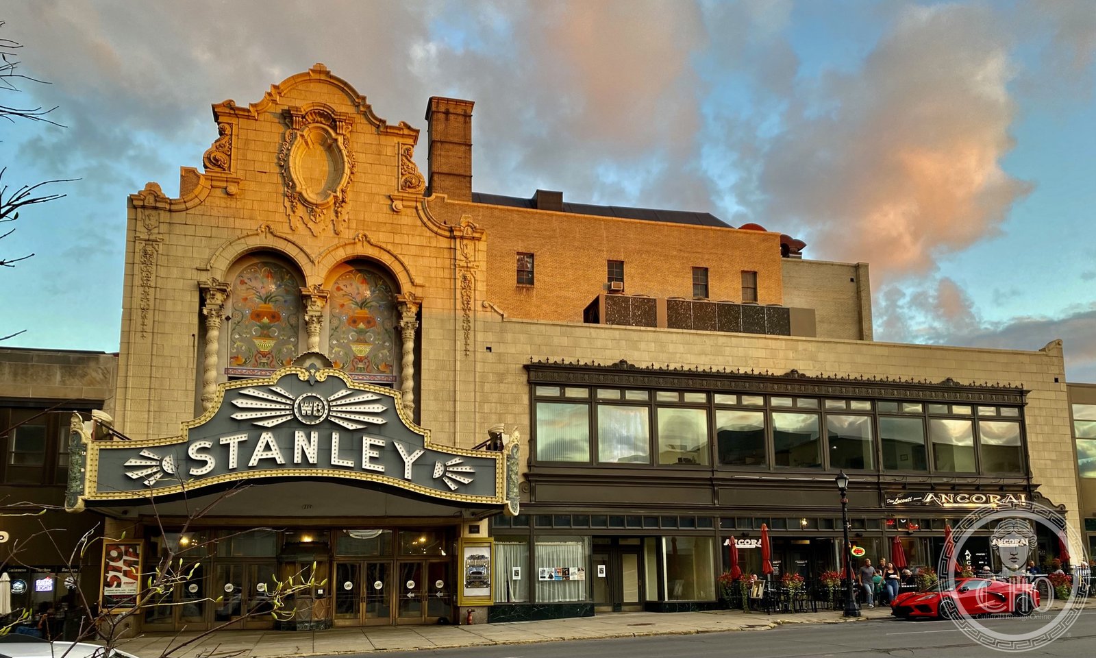 Stanley Theater exterior on Genesee Street, Utica, New York, 1928 baroque-influenced movie palace