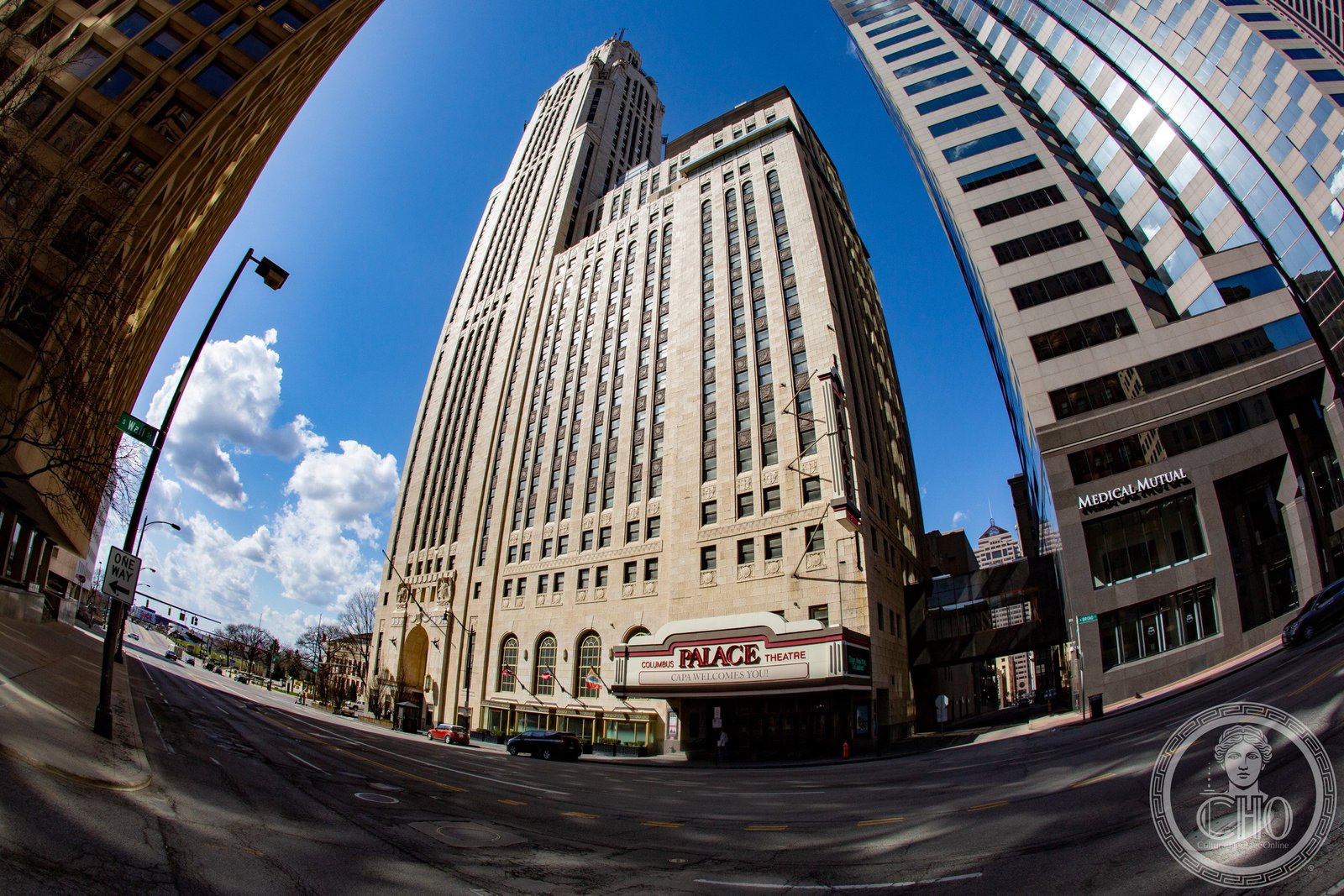 Palace Theatre and LeVeque Tower exterior on West Broad Street, Columbus, Ohio, 1926 picture palace and 1927 skyscraper