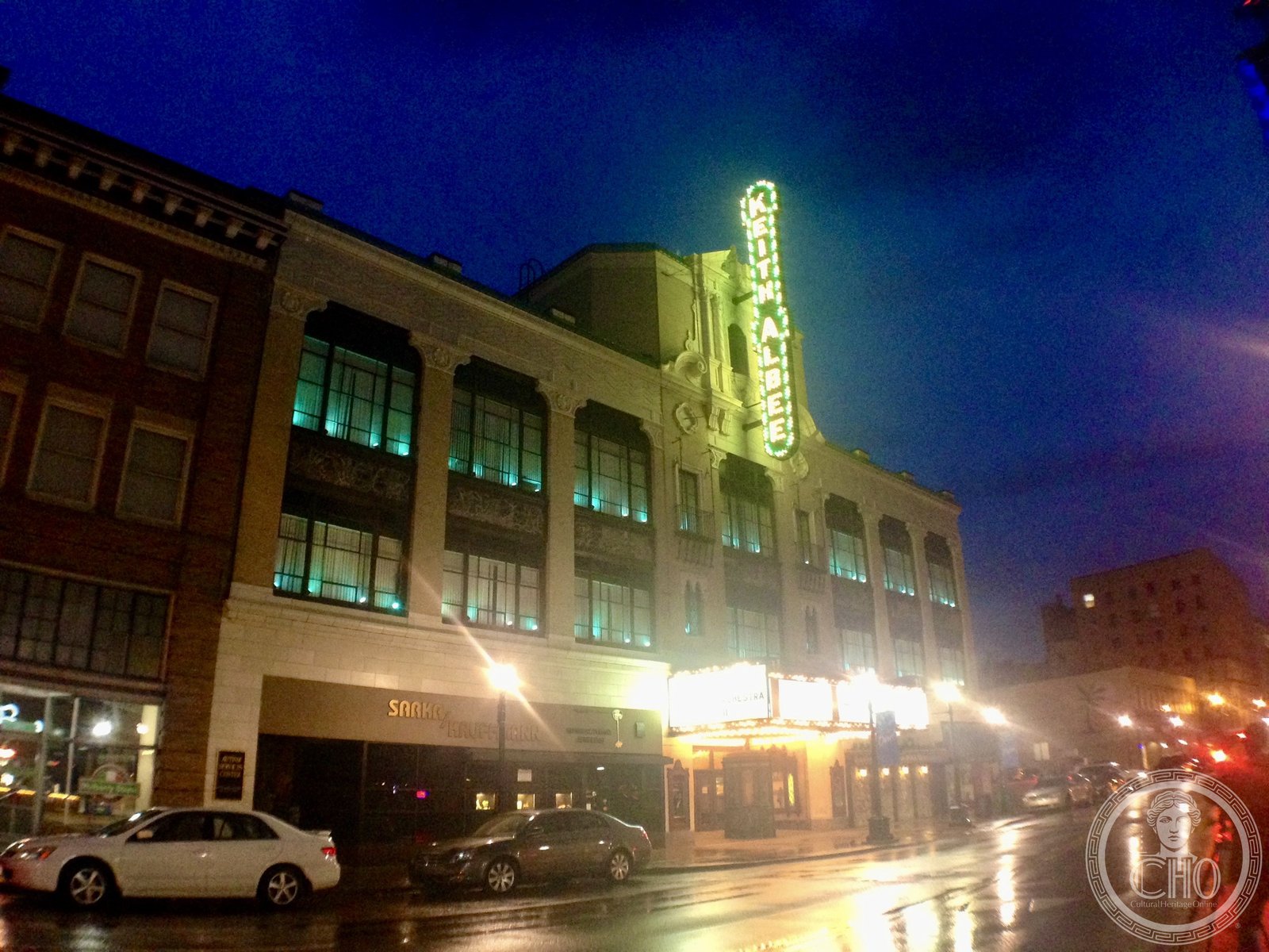 Keith-Albee Performing Arts Center lit at night on Fourth Avenue, Huntington, West Virginia