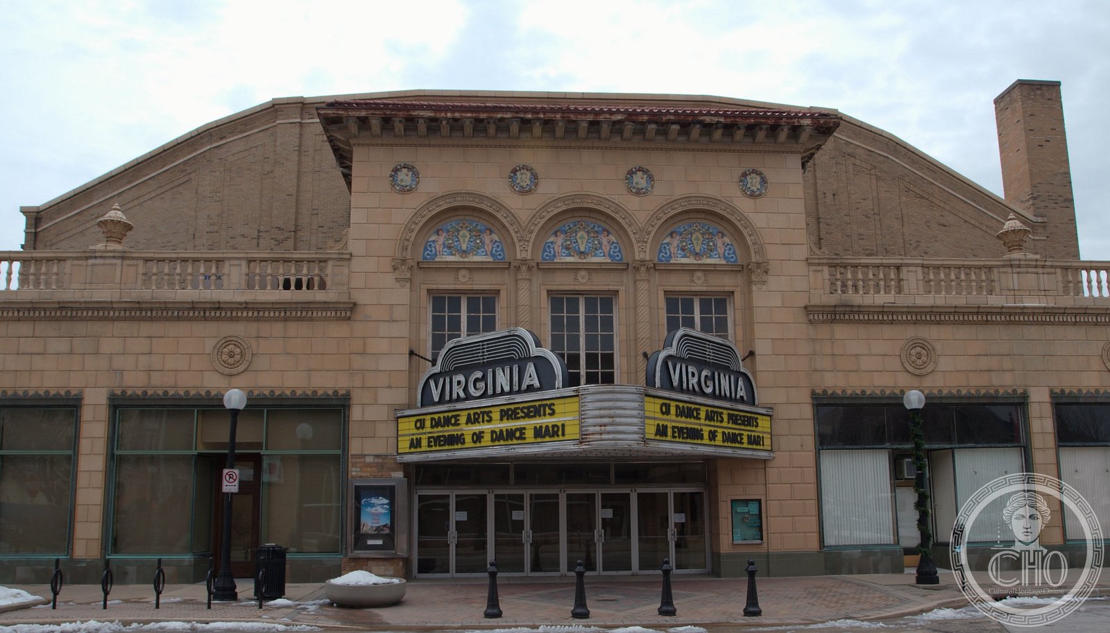 Virginia Theatre facade, Champaign Illinois, red-brick movie palace with vertical marquee