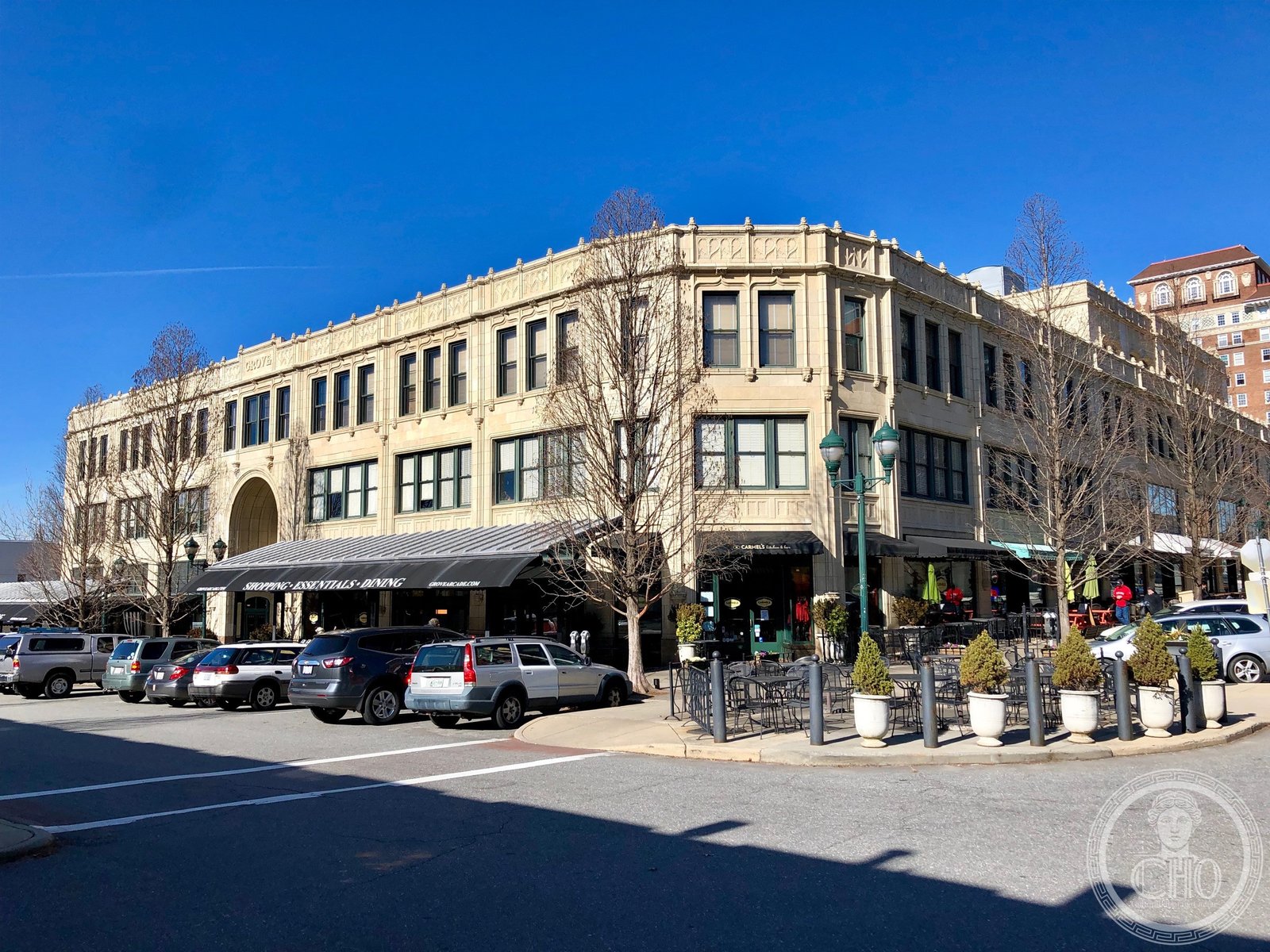 Grove Arcade exterior, downtown Asheville North Carolina, Gothic-Deco arcade building on Page Avenue