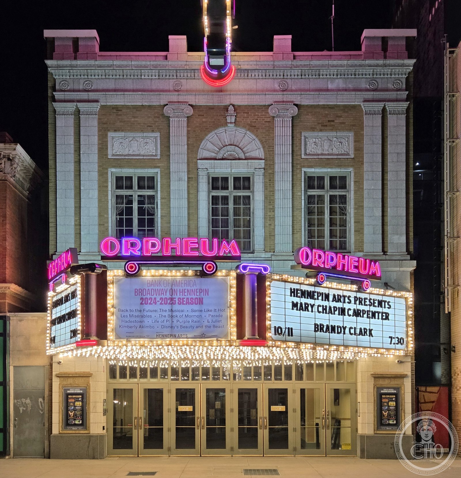 Orpheum Theatre Minneapolis Minnesota at night, illuminated Baroque Revival facade on Hennepin Avenue