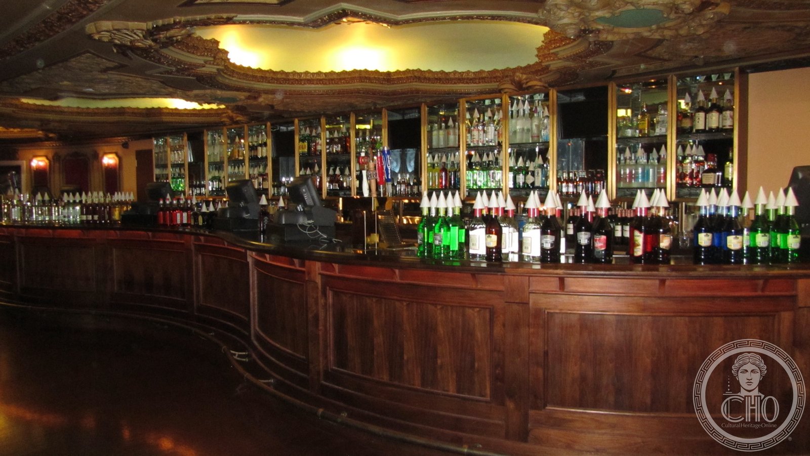 Ornate bar and lobby interior of the Midland Theatre, Kansas City Missouri, gilded Art Deco plasterwork
